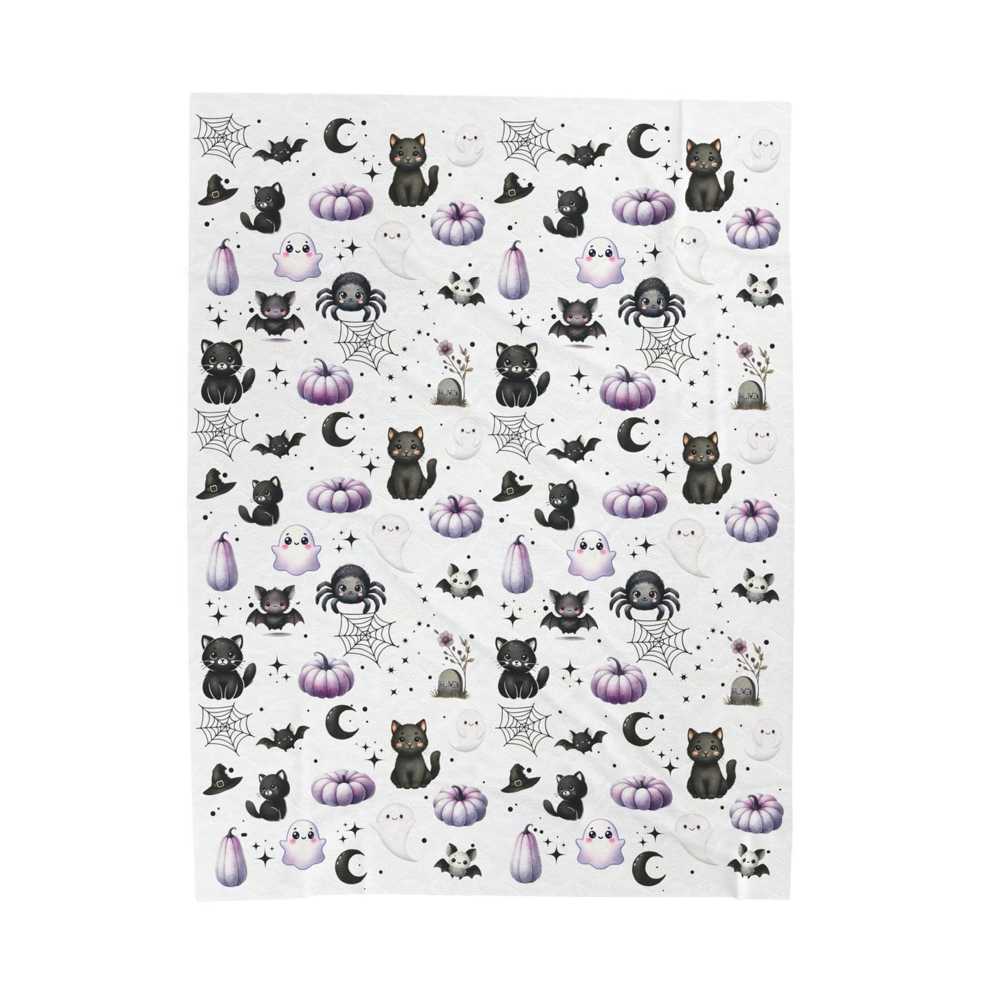 Cute Halloween Black Cats, Ghosts, Bats and Spider Kawaii Pattern Cozy Velveteen Plush Blanket