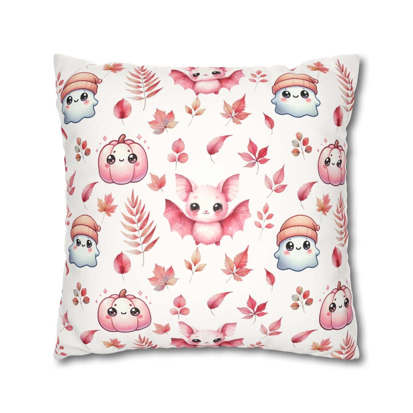 Pink Halloween Pattern Faux Suede Square Pillow with cute Kawaii Ghosts, Bats & Pumpkins