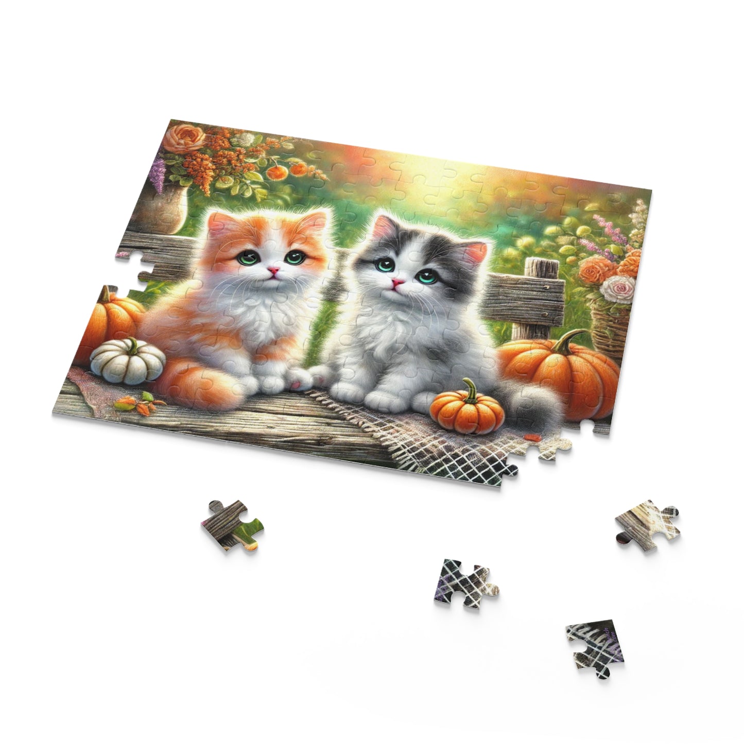 Cute Kittens on Fall Bench Halloween Autumn Puzzle (120, 252, 500-Pieces)