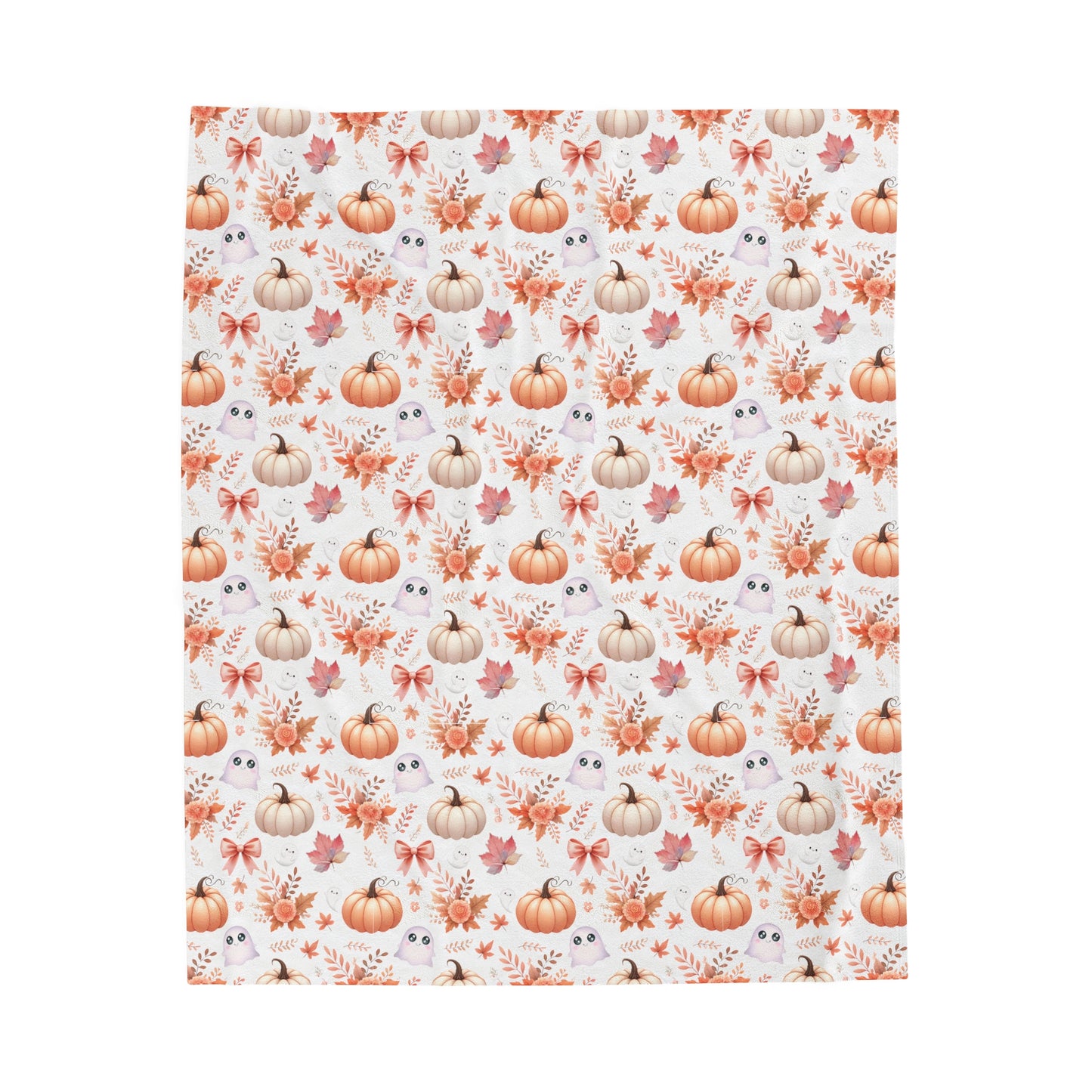 Cute Coquette Pumpkin & Ghost Pattern Cozy Fall Velveteen Plush Blanket