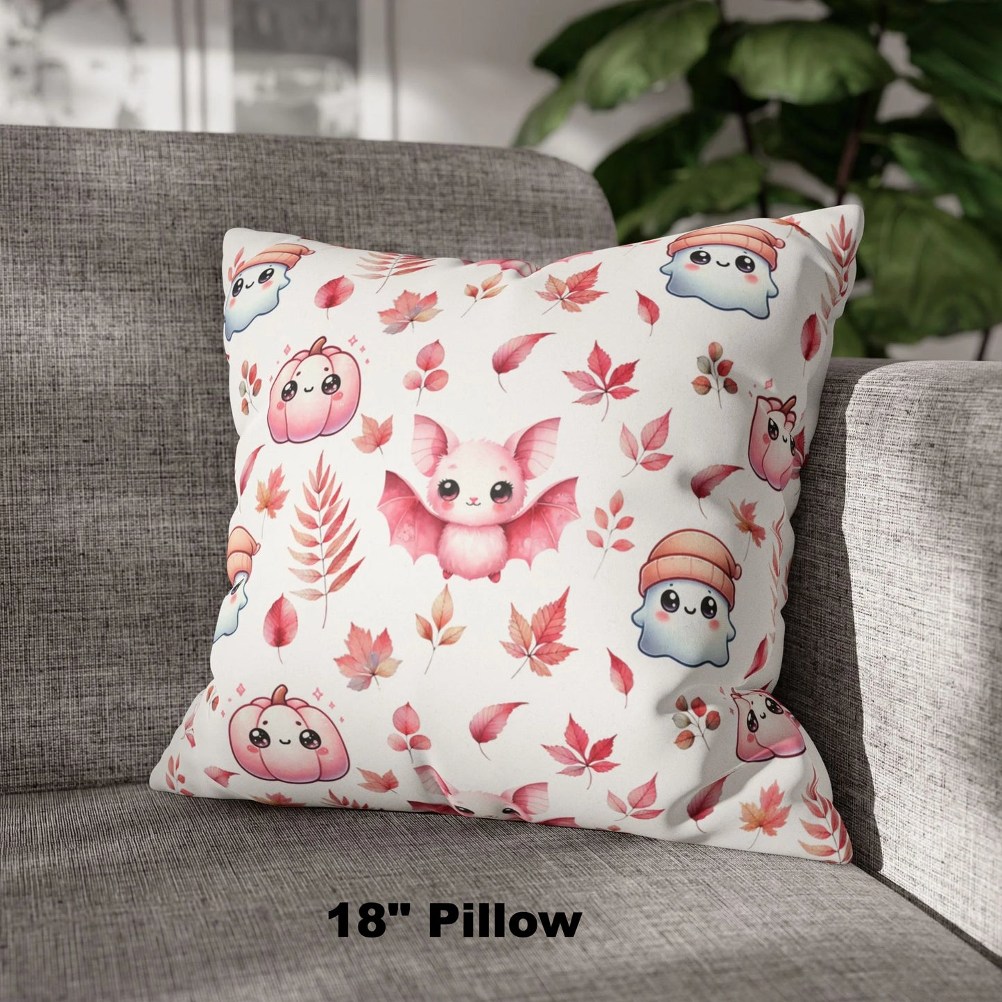 Pink Halloween Pattern Faux Suede Square Pillow with cute Kawaii Ghosts, Bats & Pumpkins