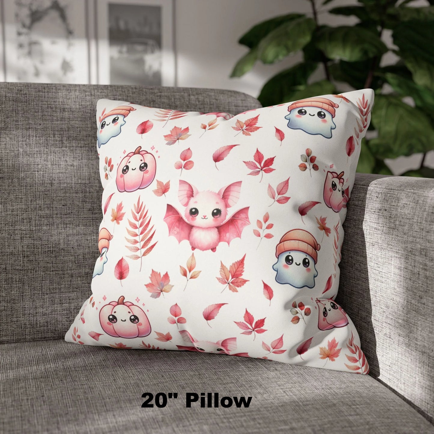 Pink Halloween Pattern Faux Suede Square Pillow with cute Kawaii Ghosts, Bats & Pumpkins