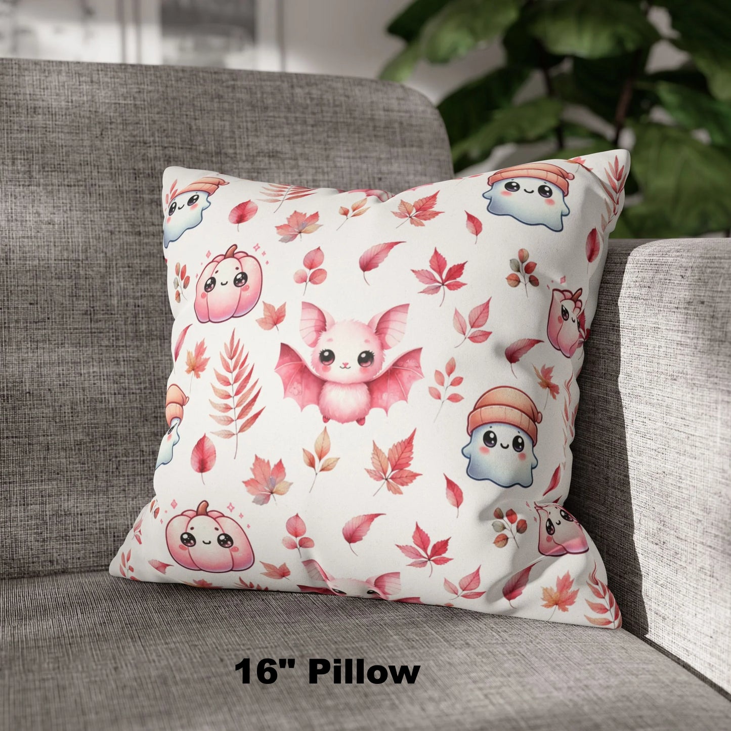 Pink Halloween Pattern Faux Suede Square Pillow with cute Kawaii Ghosts, Bats & Pumpkins