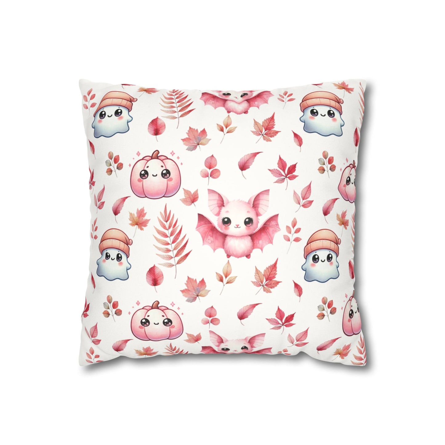 Pink Halloween Pattern Faux Suede Square Pillow with cute Kawaii Ghosts, Bats & Pumpkins