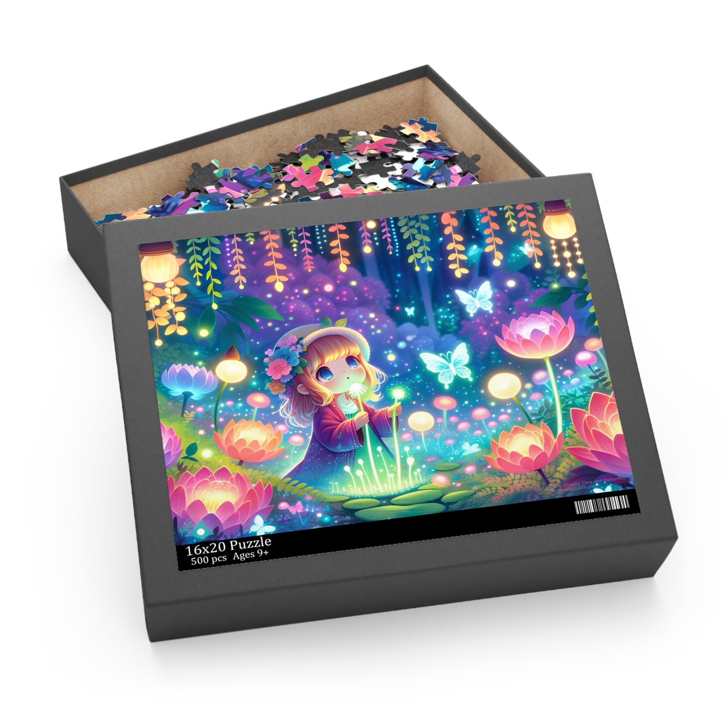 Kawaii Girl Exploring Glowing Flora and Butterflies Jigsaw Puzzle