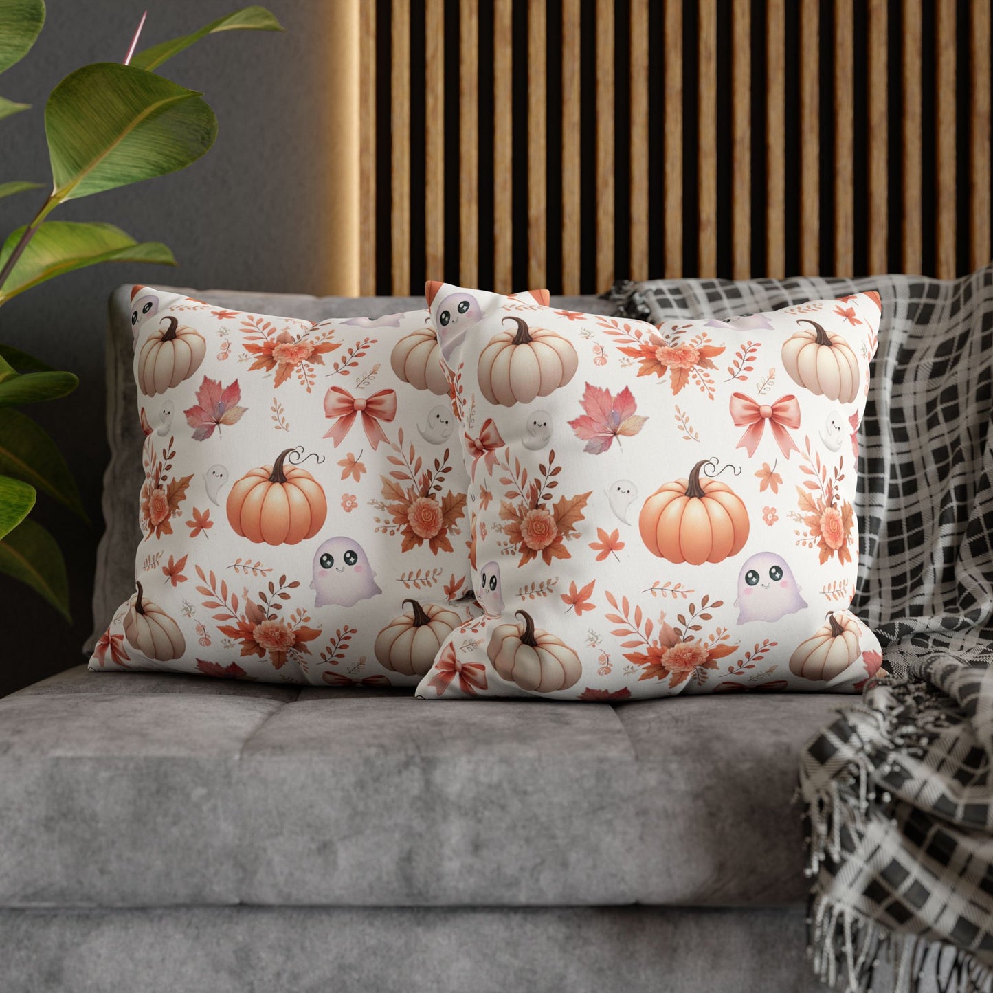 Coquette Pumpkin & Ghost Floral Pattern Faux Suede Square Pillow Cover