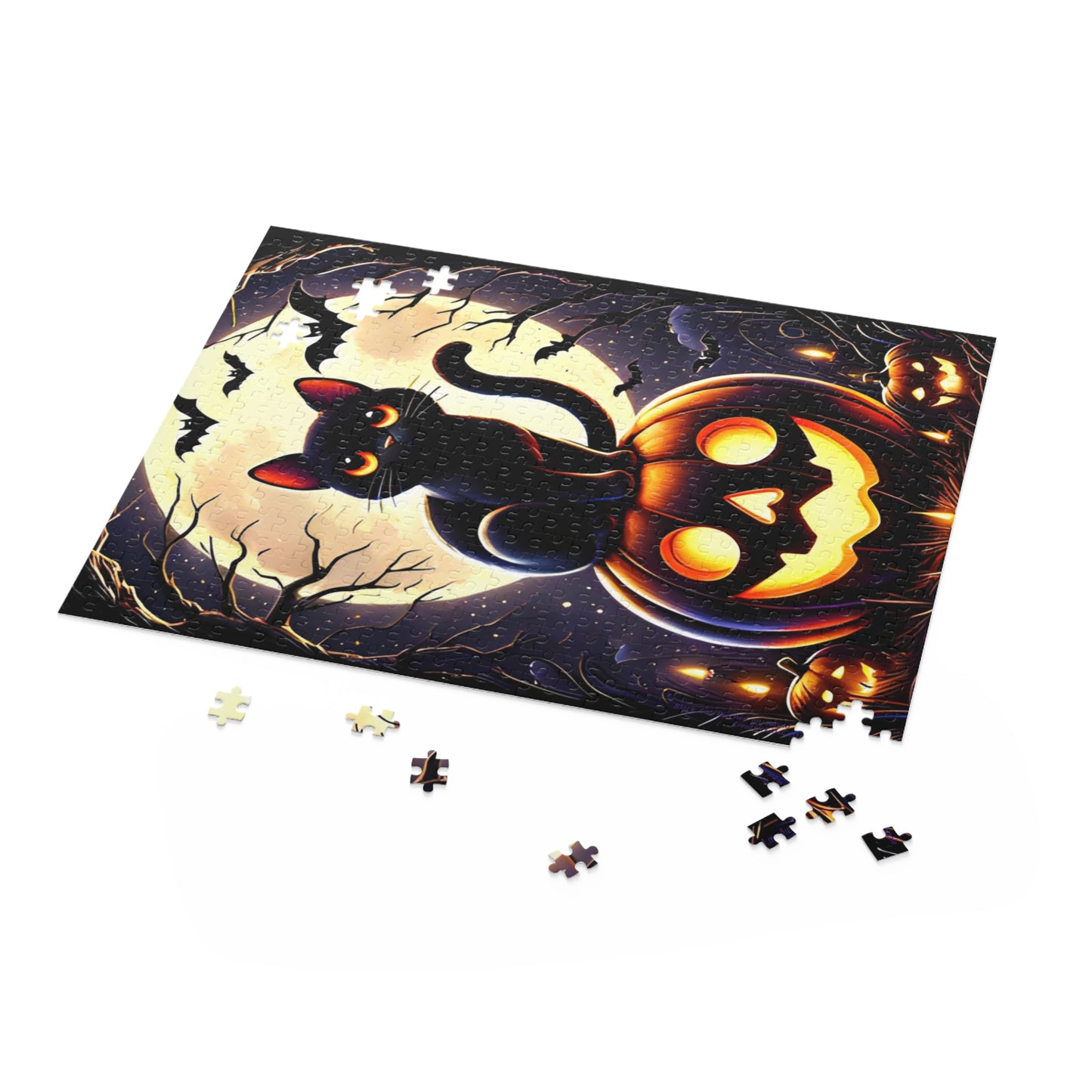 Cute Black Cat Perched on a Carved Pumpkin Halloween Jigsaw Puzzle 20" × 16" (500 pcs)