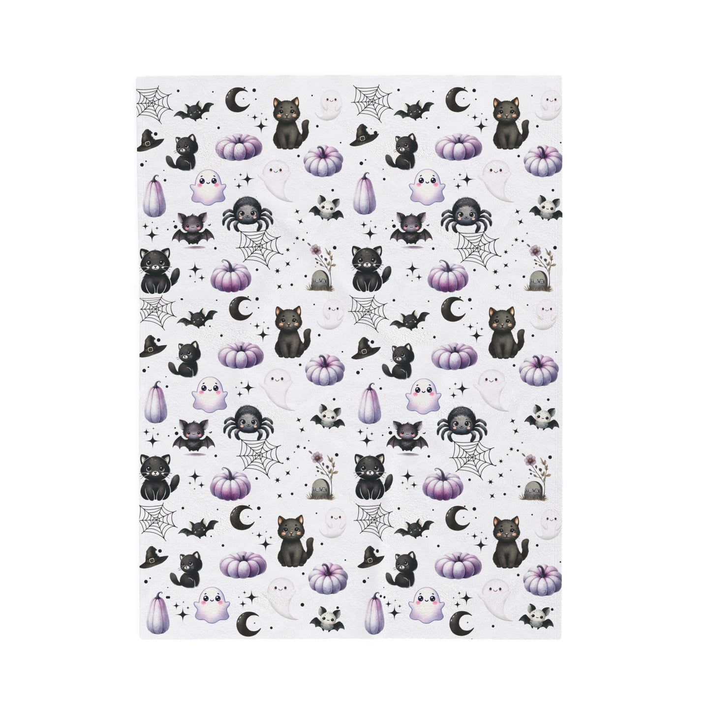 Cute Halloween Black Cats, Ghosts, Bats and Spider Kawaii Pattern Cozy Velveteen Plush Blanket