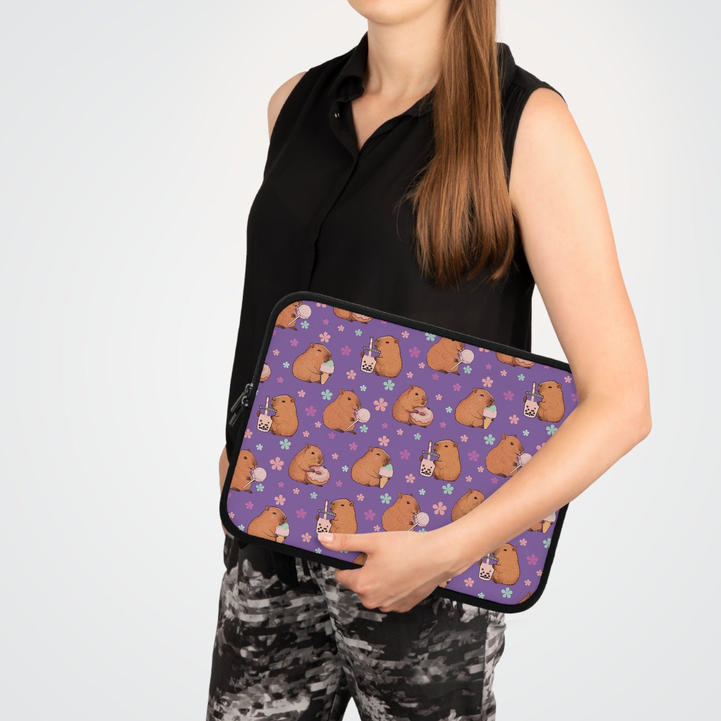 Cute Sweets Loving Capybara Purple Laptop Sleeve