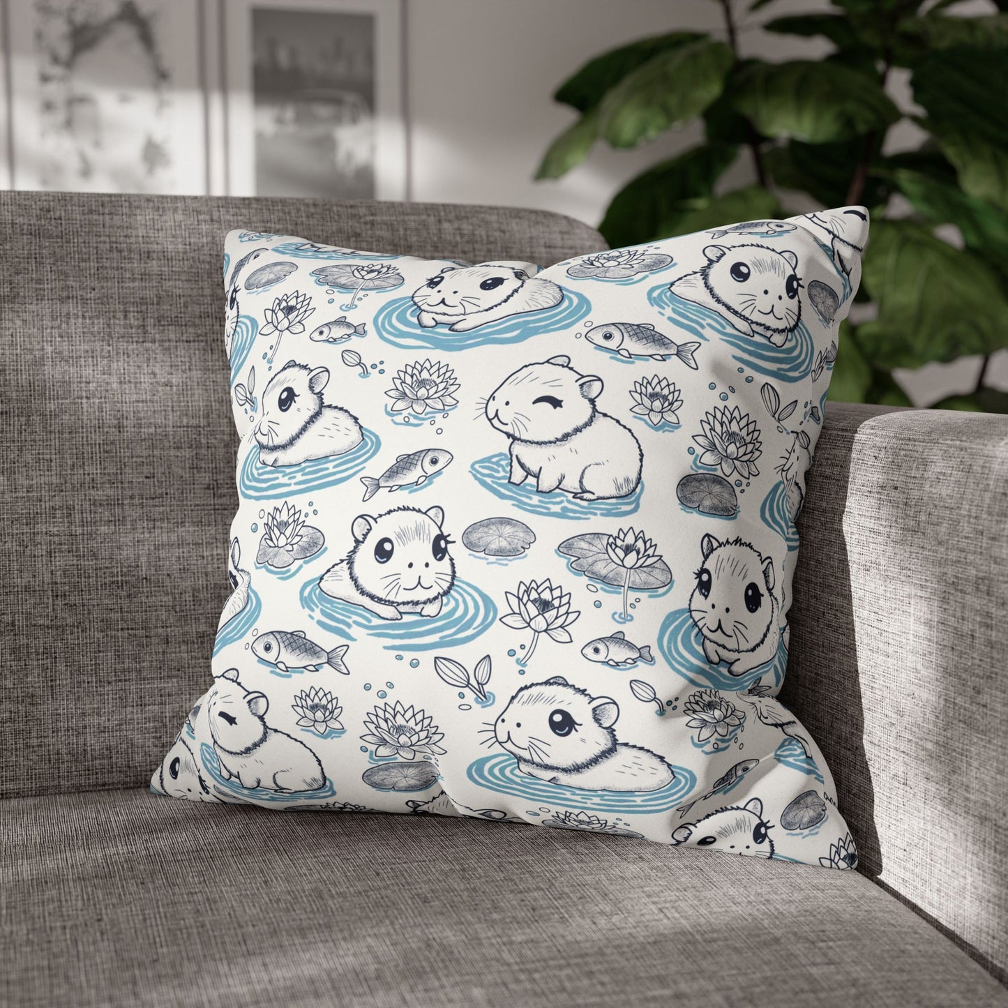 Capybaras in a Lily Pond Faux Suede Square Pillow Cover