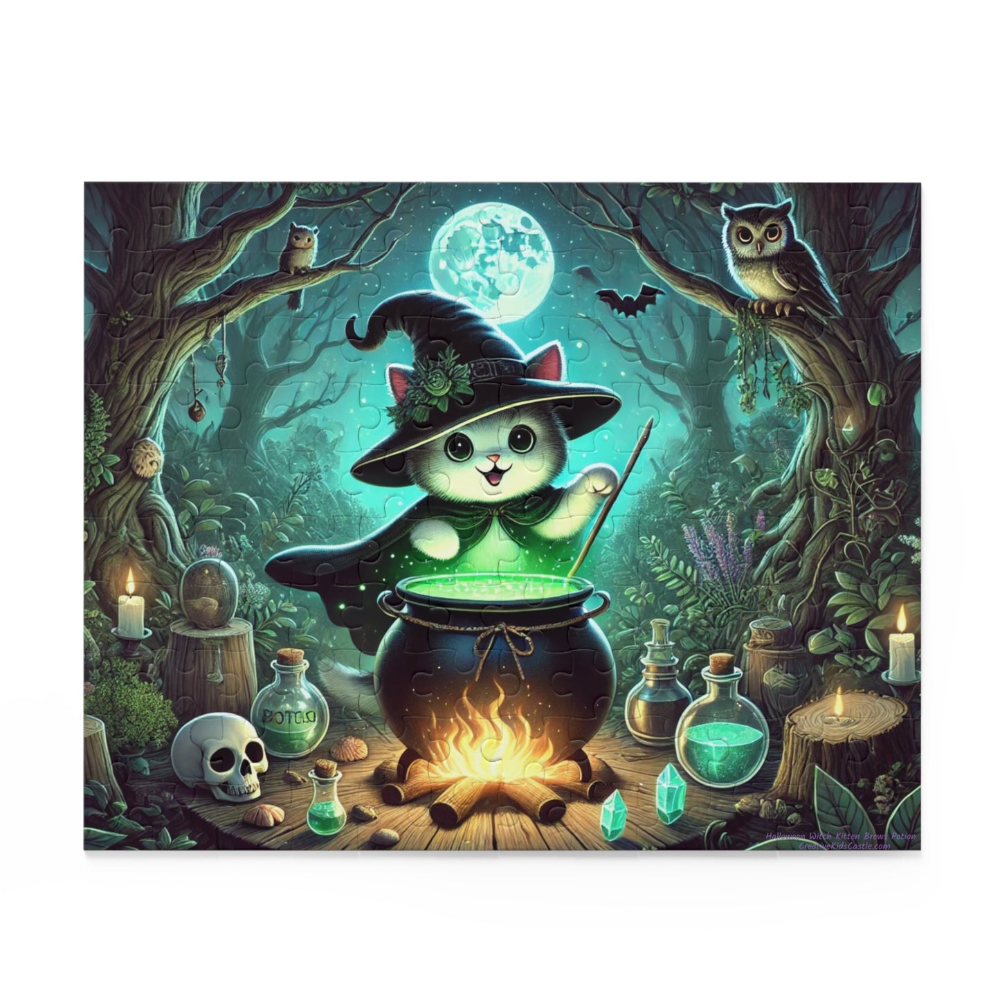 Halloween Witch Kitten Brews Potion Jigsaw Puzzle (120, 252, 500-Pieces)