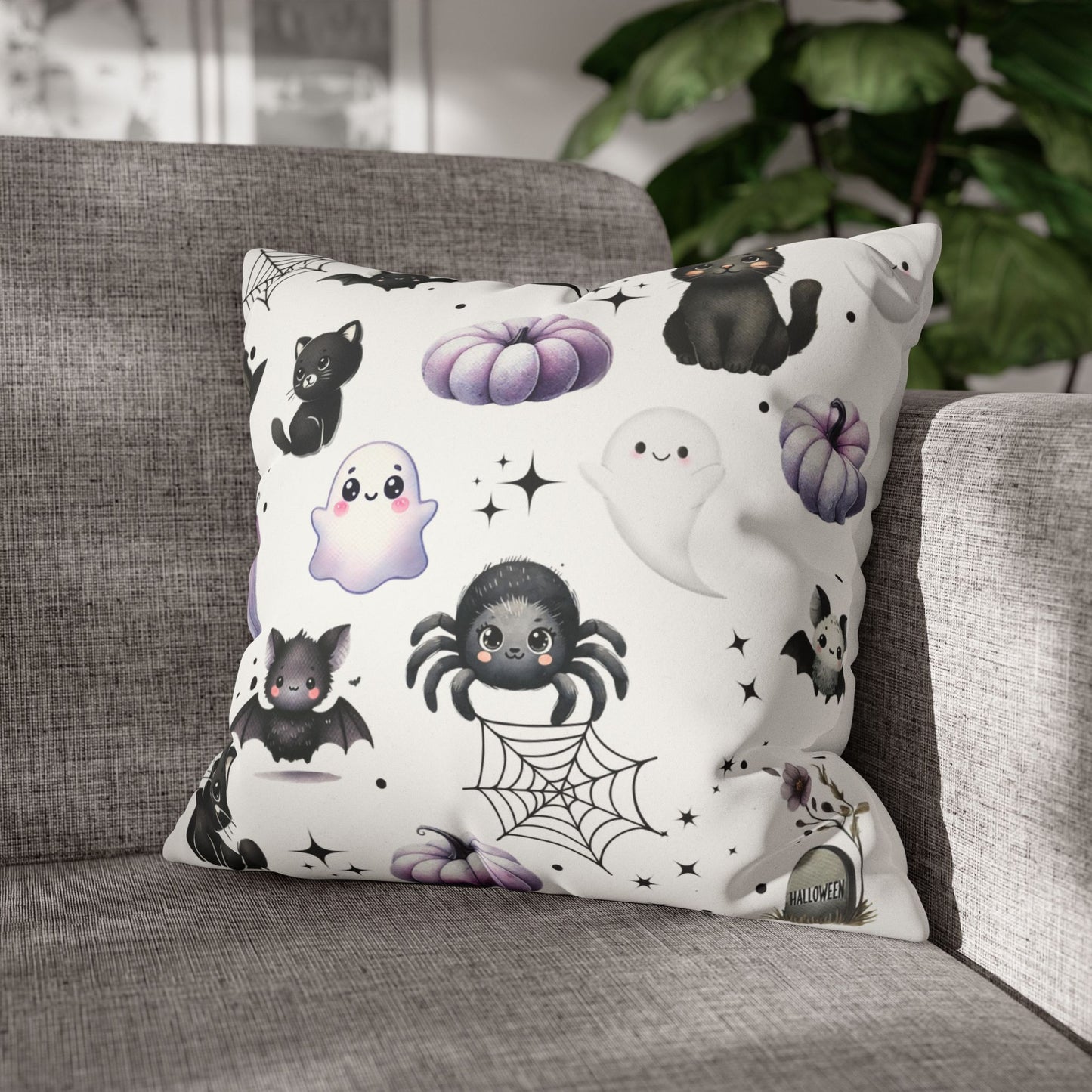 Black Halloween Pattern Faux Suede Square Pillow with black Kawaii Cats, Spider, Ghosts, Bats & Purple Pumpkins