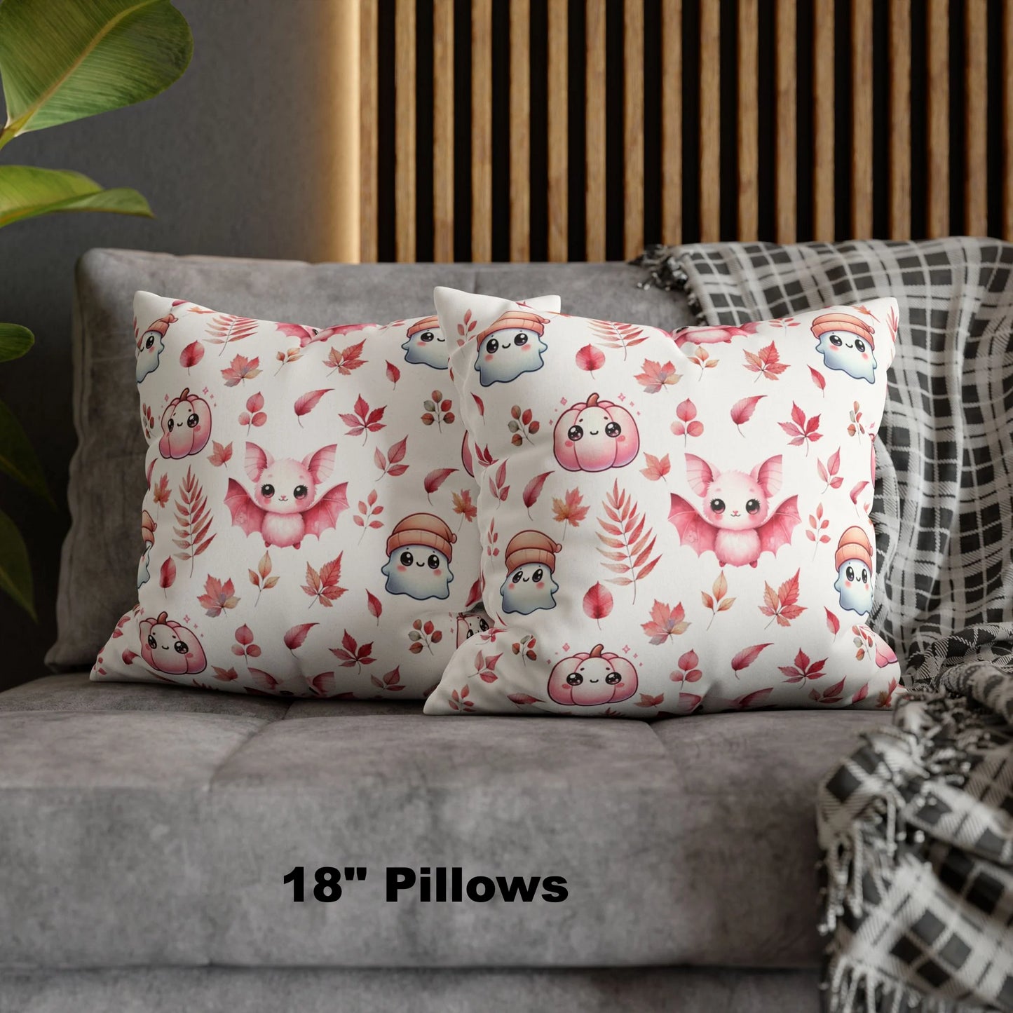 Pink Halloween Pattern Faux Suede Square Pillow with cute Kawaii Ghosts, Bats & Pumpkins