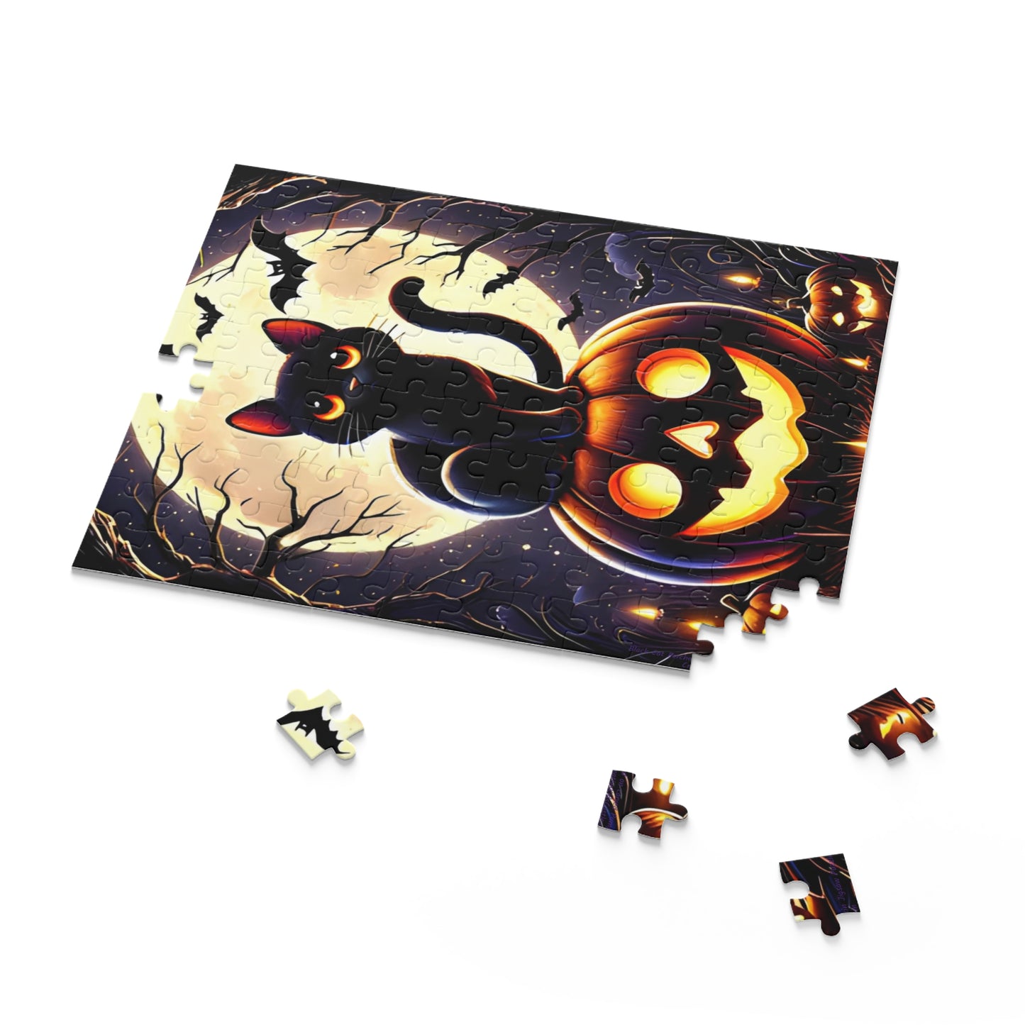 Cute Black Cat Perched on a Carved Pumpkin Halloween Jigsaw Puzzle 10" × 8" (120 pcs)