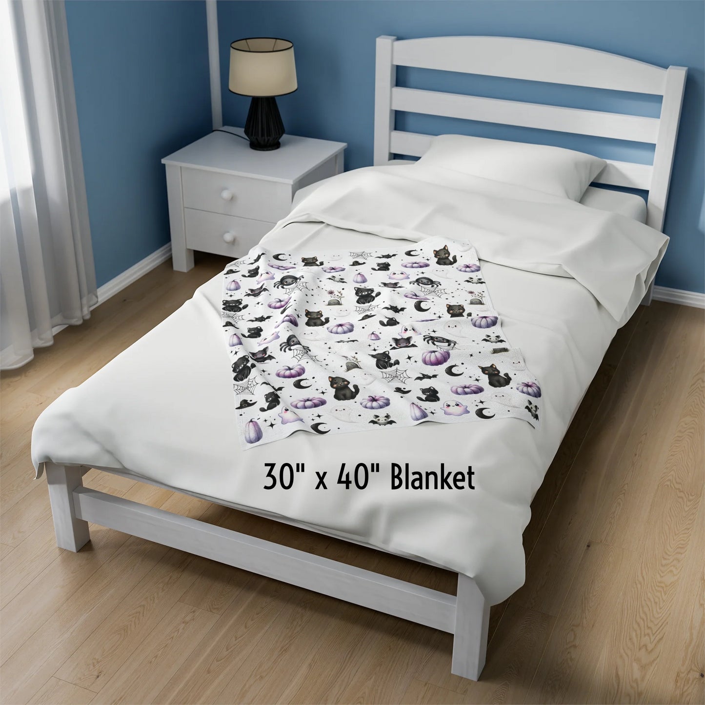 Cute Halloween Black Cats, Ghosts, Bats and Spider Kawaii Pattern Cozy Velveteen Plush Blanket