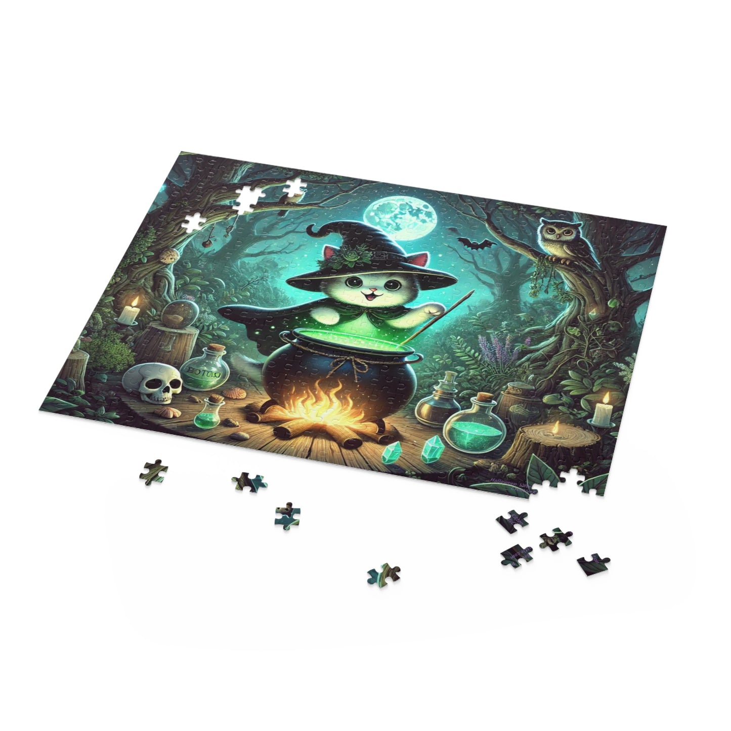 Halloween Witch Kitten Brews Potion Jigsaw Puzzle (120, 252, 500-Pieces) 20" × 16" (500 pcs)