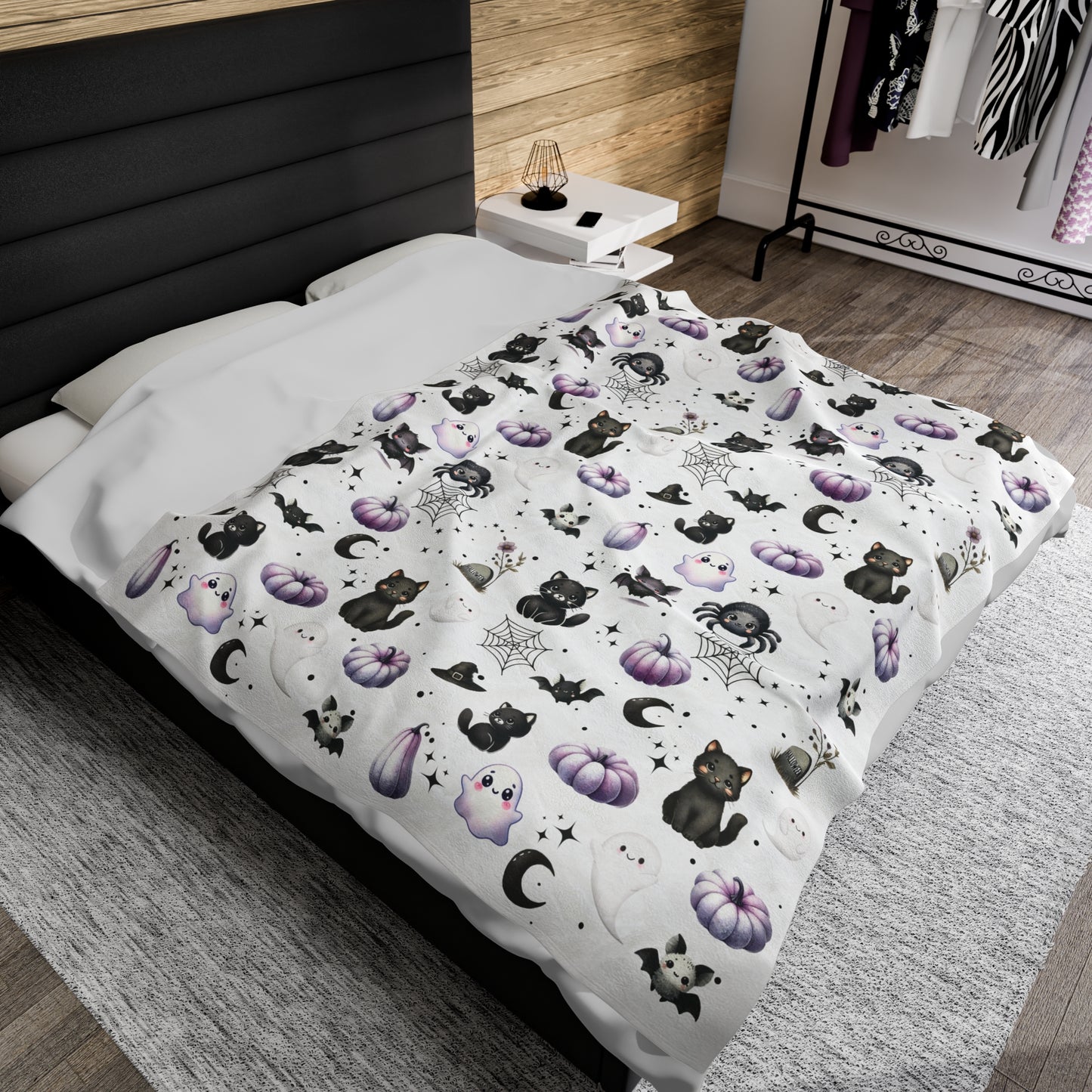 Cute Halloween Black Cats, Ghosts, Bats and Spider Kawaii Pattern Cozy Velveteen Plush Blanket