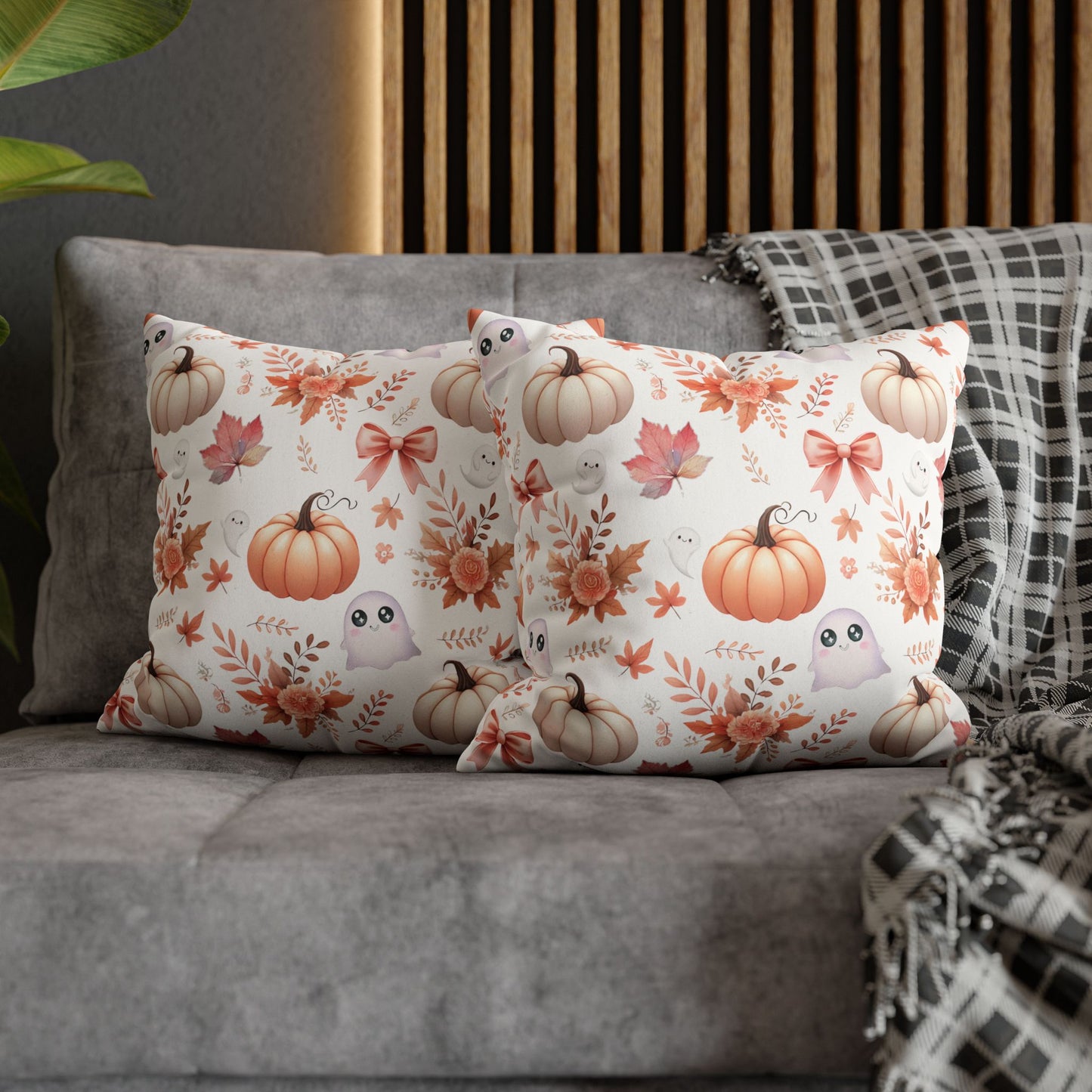 Coquette Pumpkin & Ghost Floral Pattern Faux Suede Square Pillow Cover