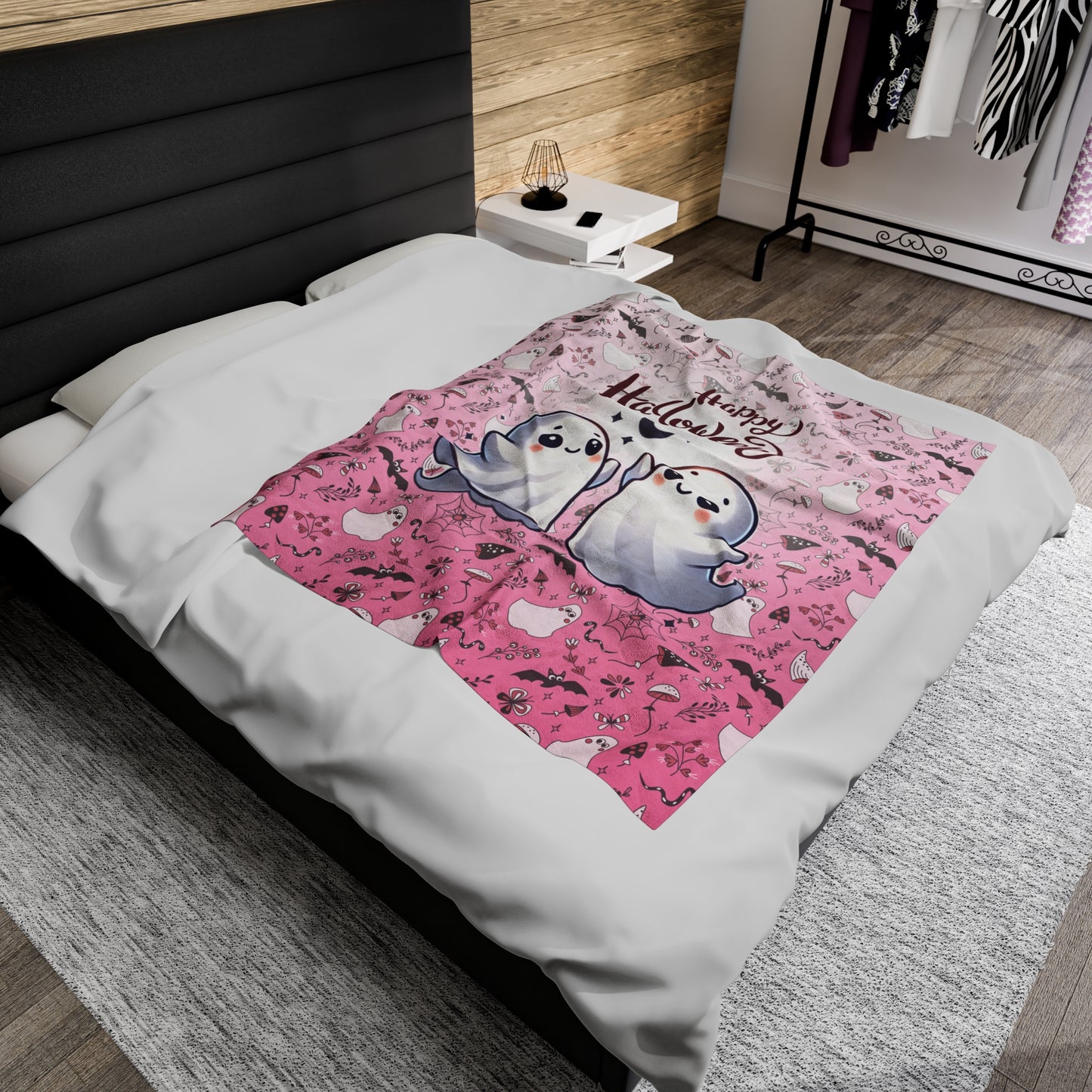 Dancing Cute Ghosts Pink Happy Halloween Cozy Velveteen Plush Blanket