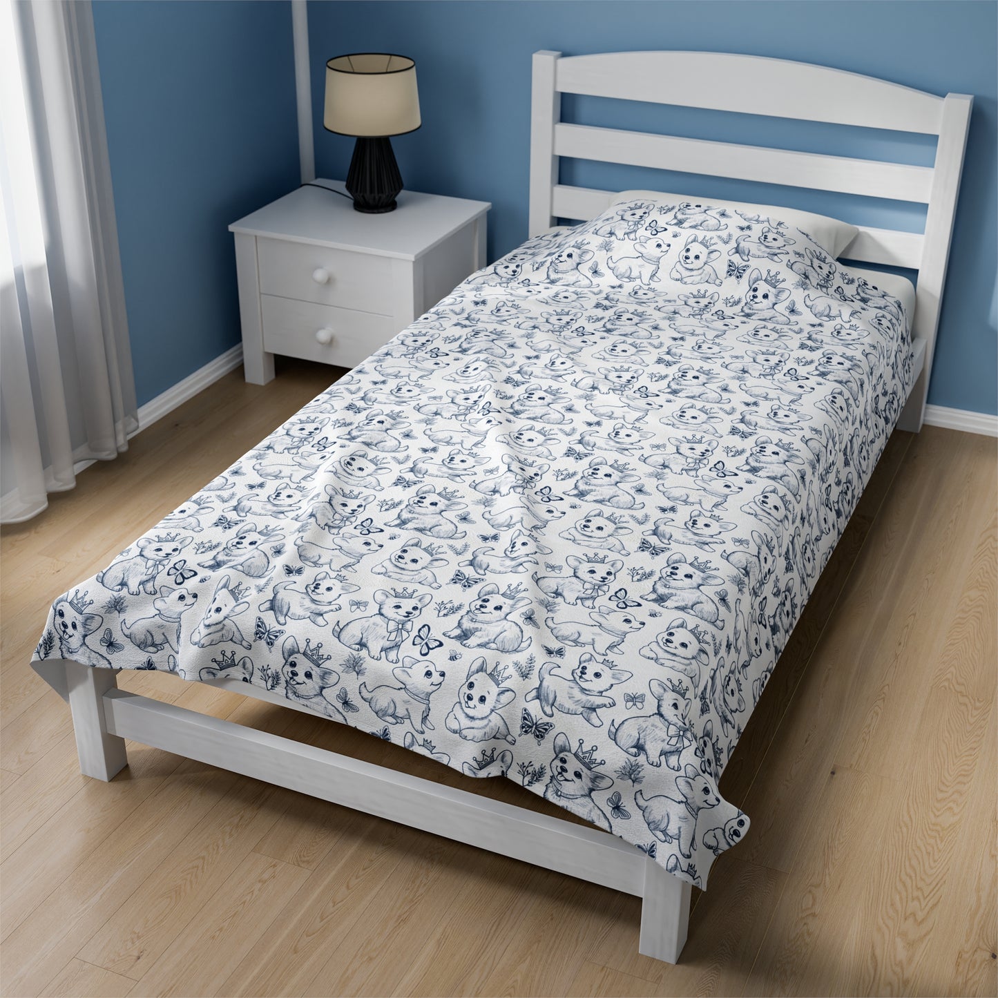 Cute Toile de Jouy playful Corgis Cozy Velveteen Plush Blanket