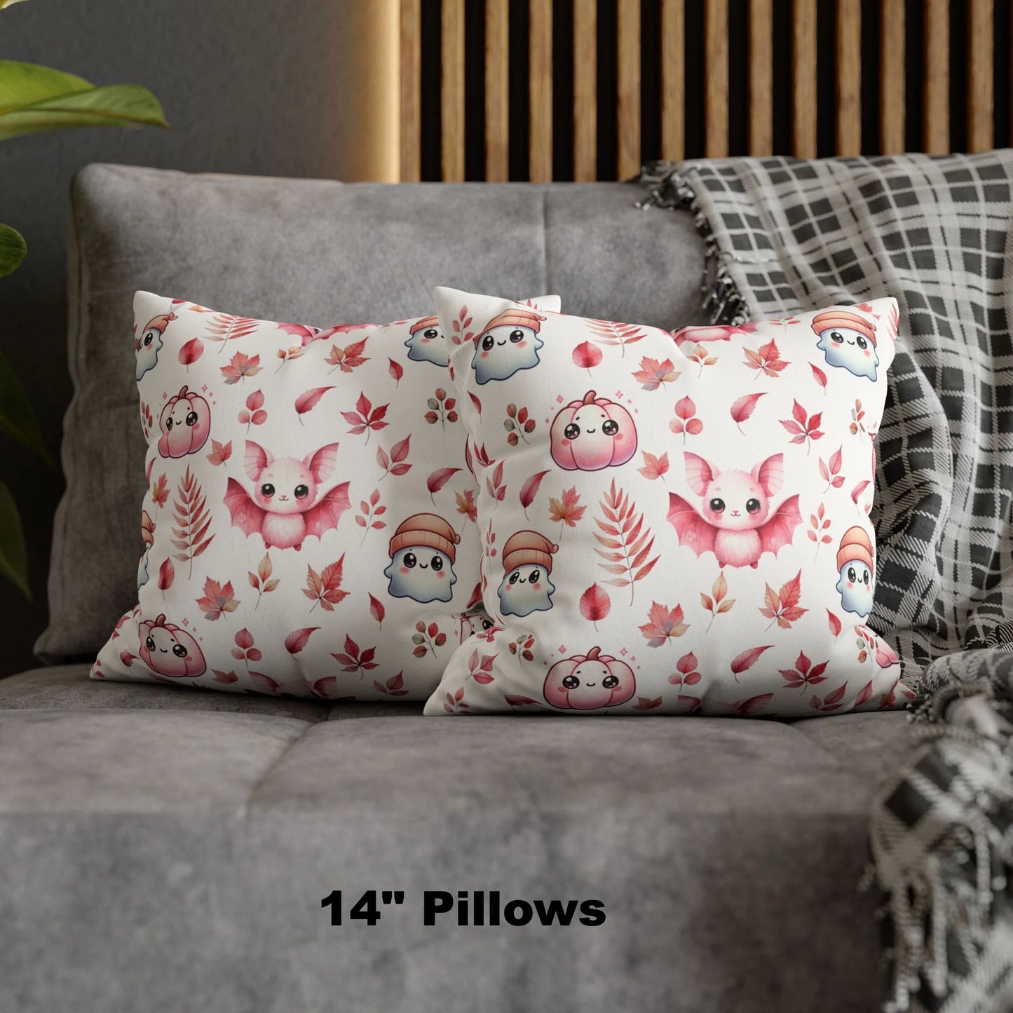 Pink Halloween Pattern Faux Suede Square Pillow with cute Kawaii Ghosts, Bats & Pumpkins