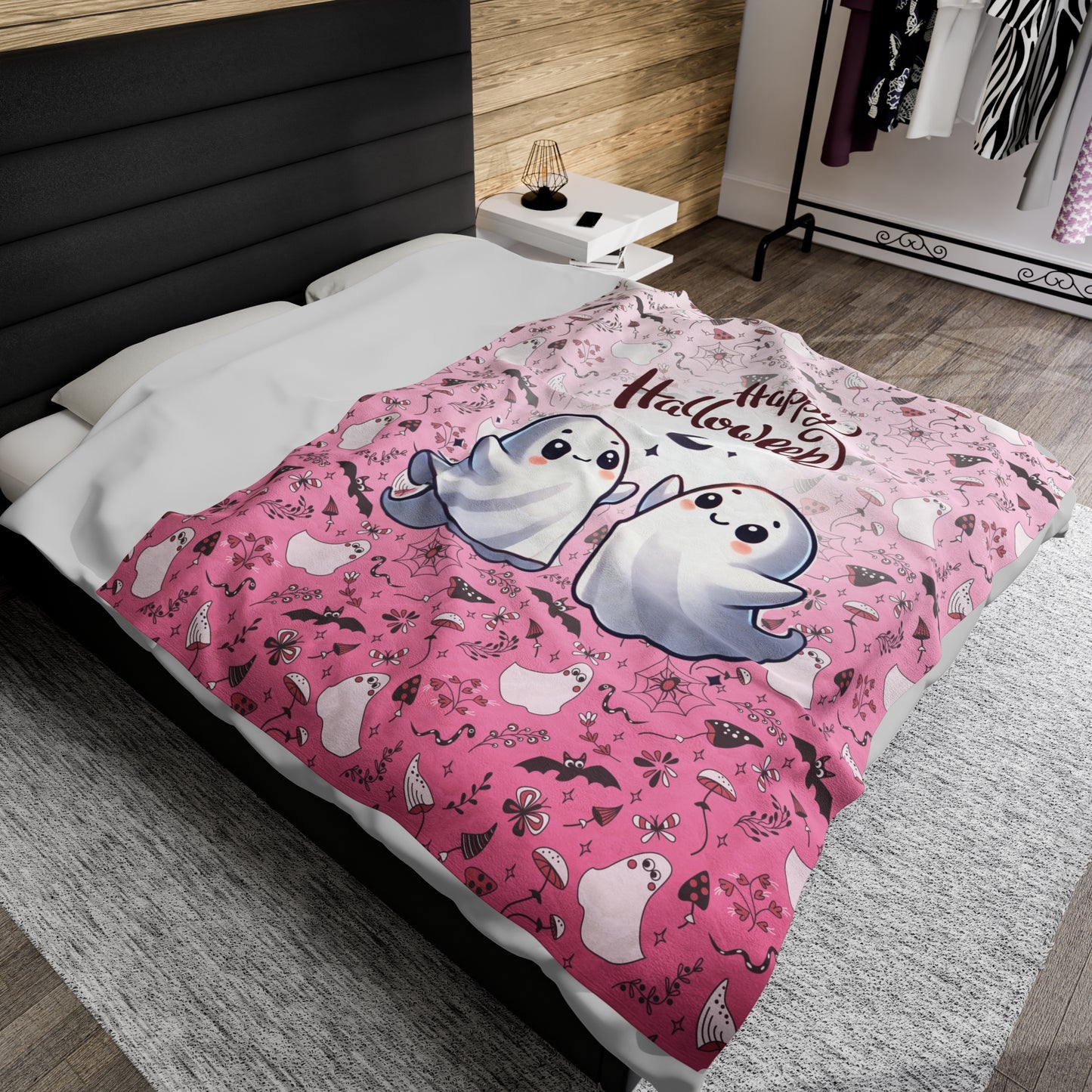 Dancing Cute Ghosts Pink Happy Halloween Cozy Velveteen Plush Blanket