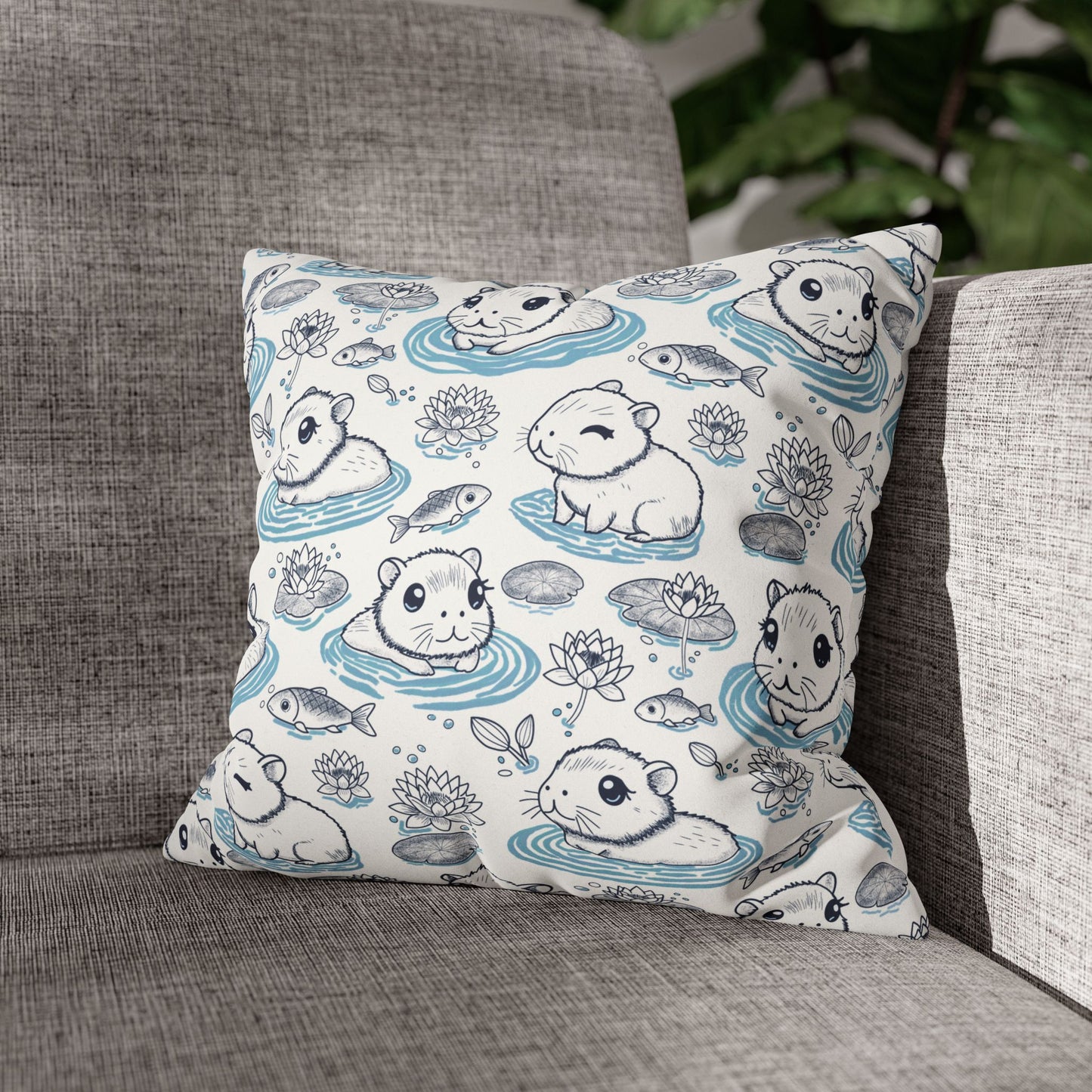 Capybaras in a Lily Pond Faux Suede Square Pillow Cover