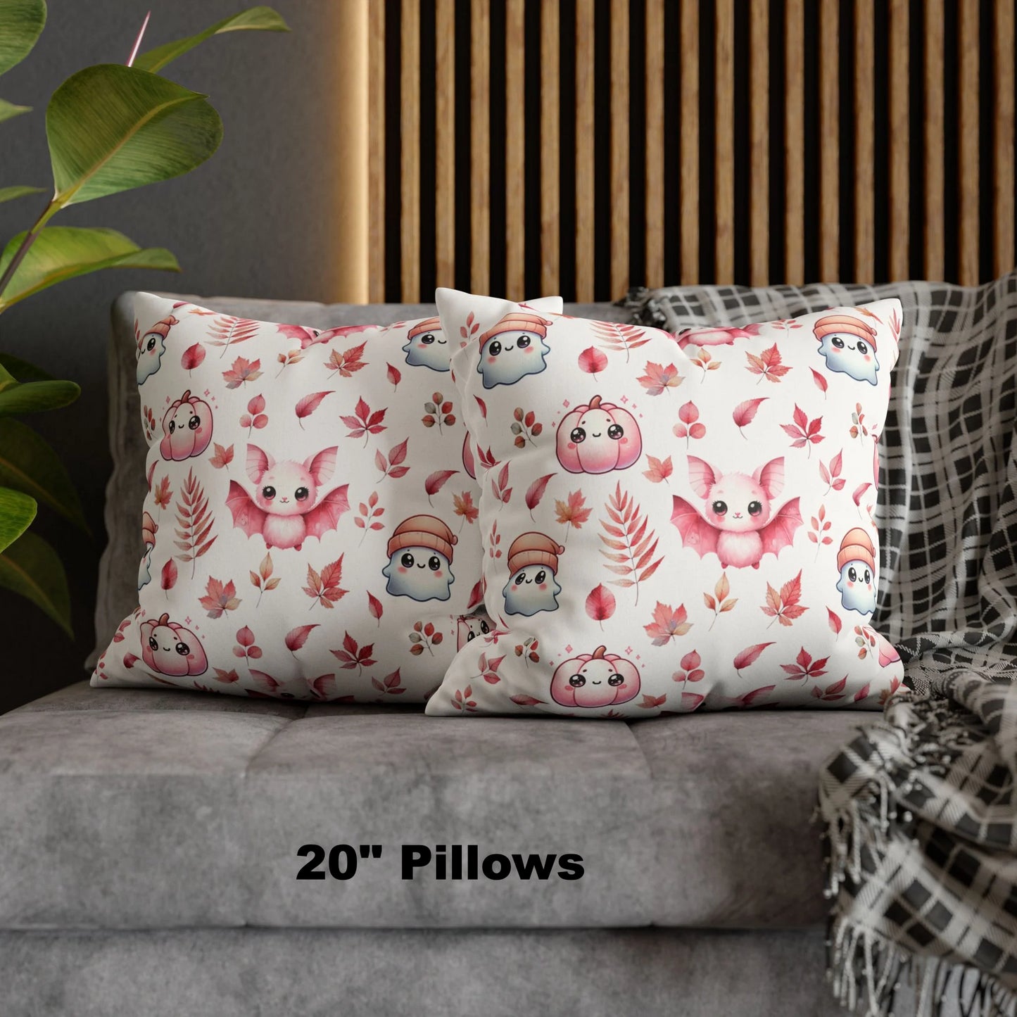 Pink Halloween Pattern Faux Suede Square Pillow with cute Kawaii Ghosts, Bats & Pumpkins