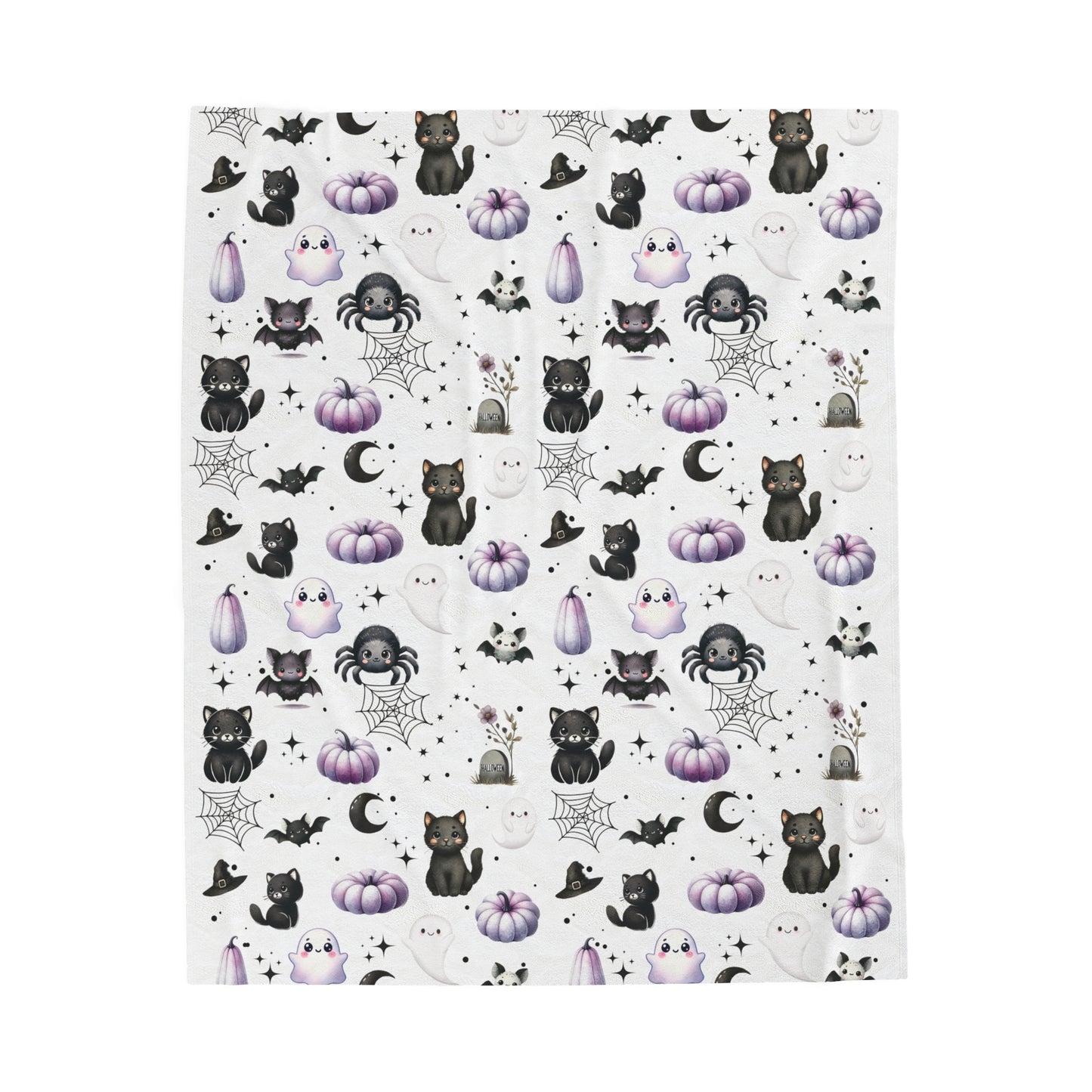 Cute Halloween Black Cats, Ghosts, Bats and Spider Kawaii Pattern Cozy Velveteen Plush Blanket