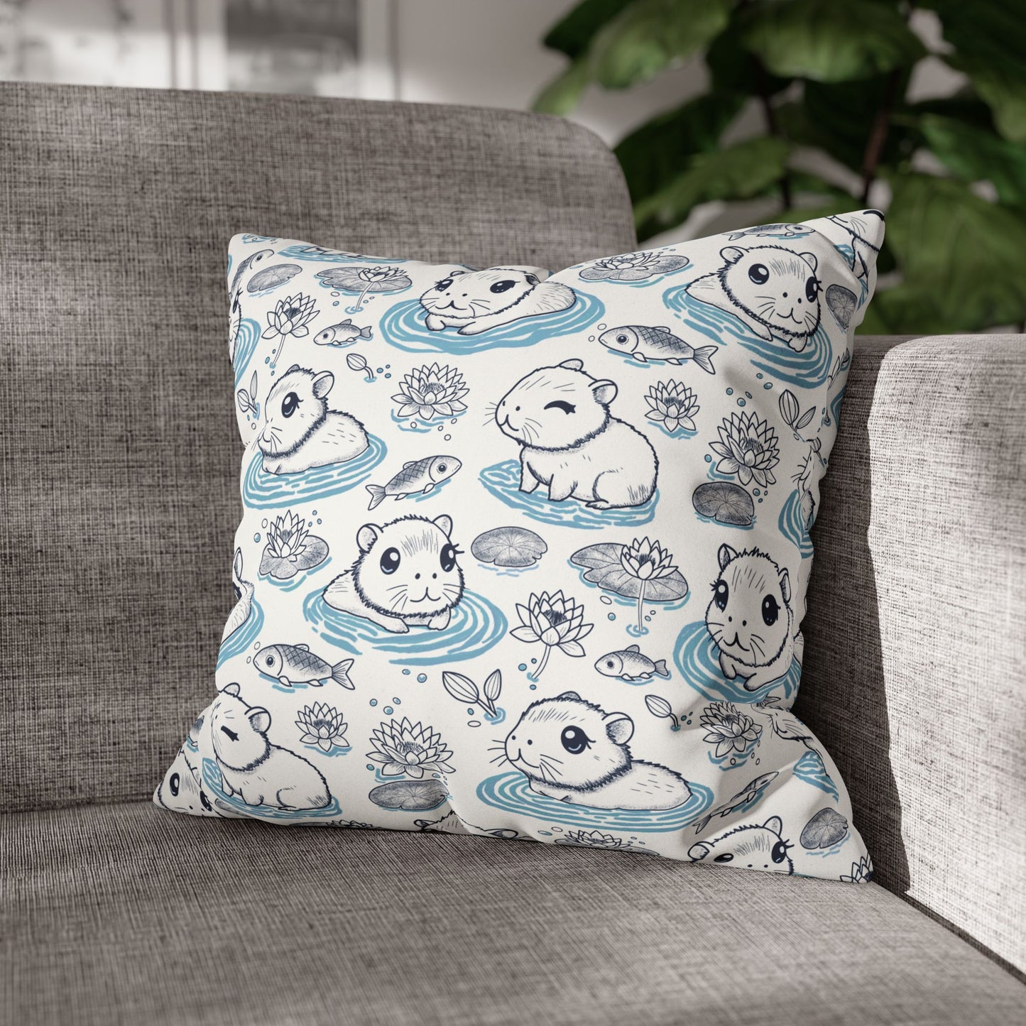 Capybaras in a Lily Pond Faux Suede Square Pillow Cover