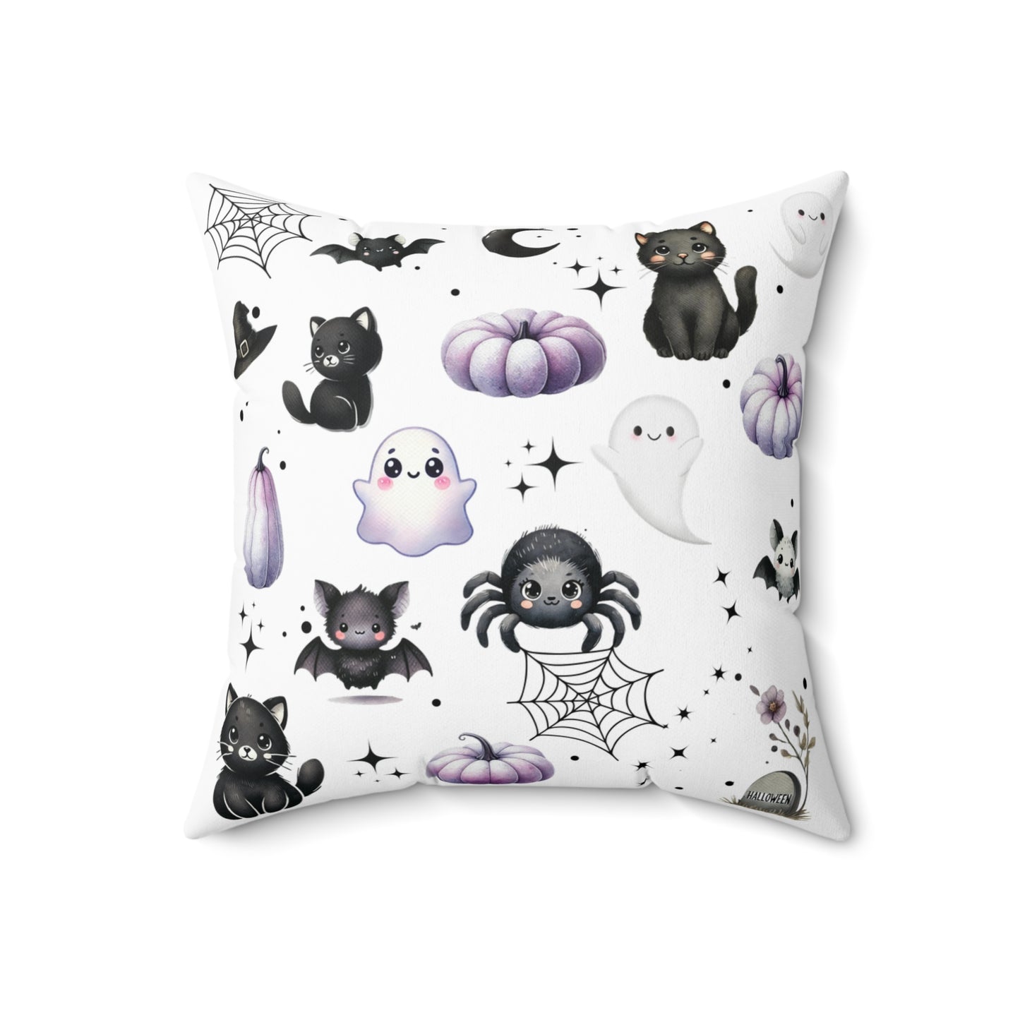 Black Halloween Pattern Faux Suede Square Pillow with black Kawaii Cats, Spider, Ghosts, Bats & Purple Pumpkins