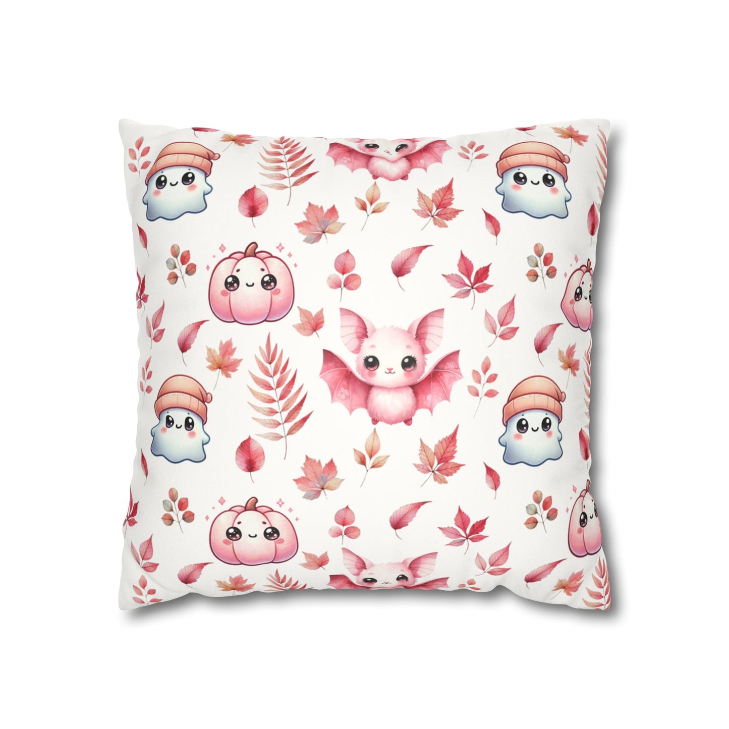 Pink Halloween Pattern Faux Suede Square Pillow with cute Kawaii Ghosts, Bats & Pumpkins