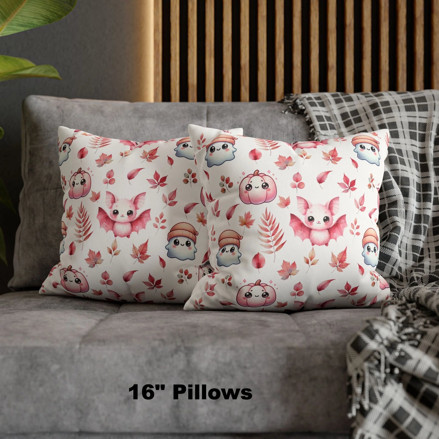 Pink Halloween Pattern Faux Suede Square Pillow with cute Kawaii Ghosts, Bats & Pumpkins