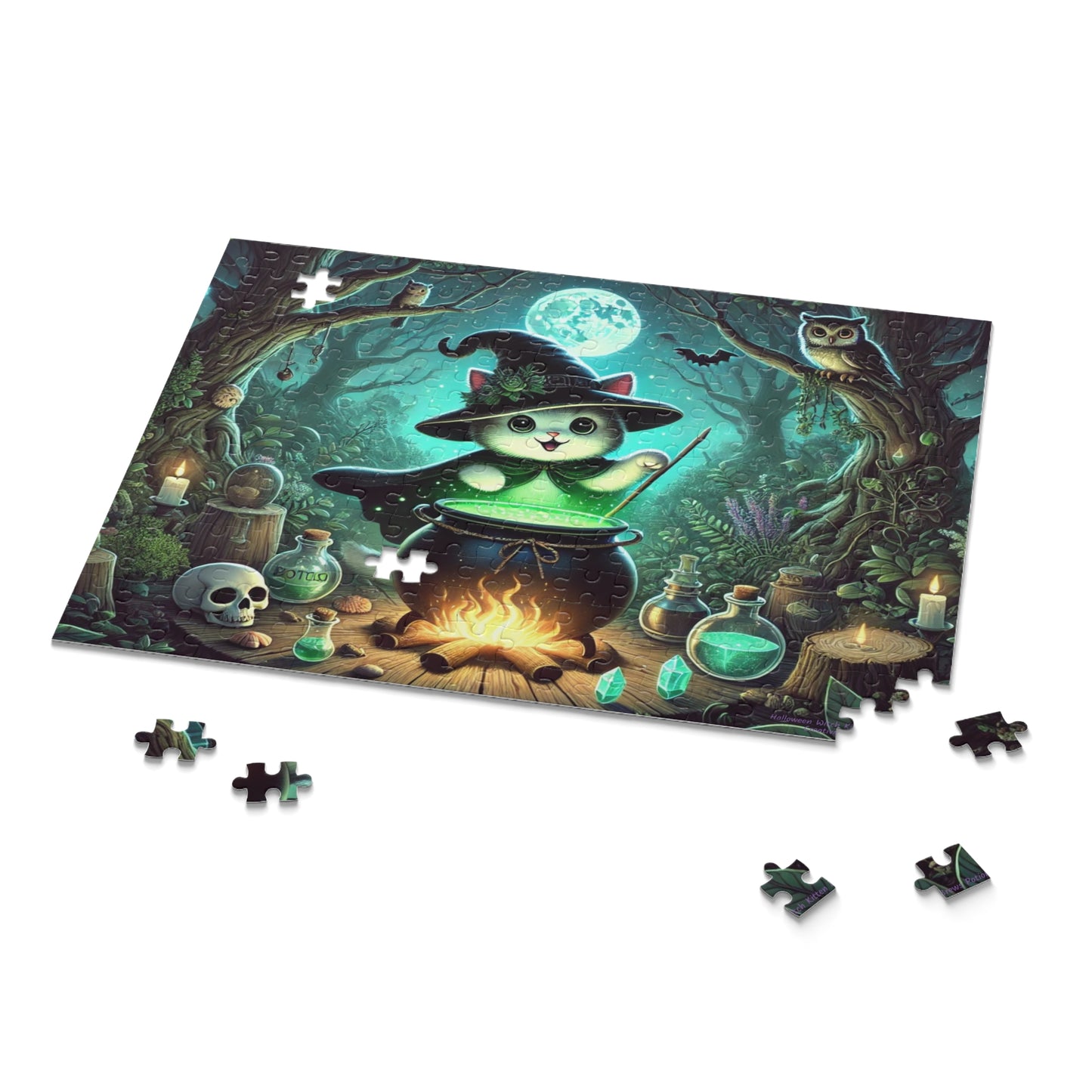 Halloween Witch Kitten Brews Potion Jigsaw Puzzle (120, 252, 500-Pieces) 14" × 11" (252 pcs)