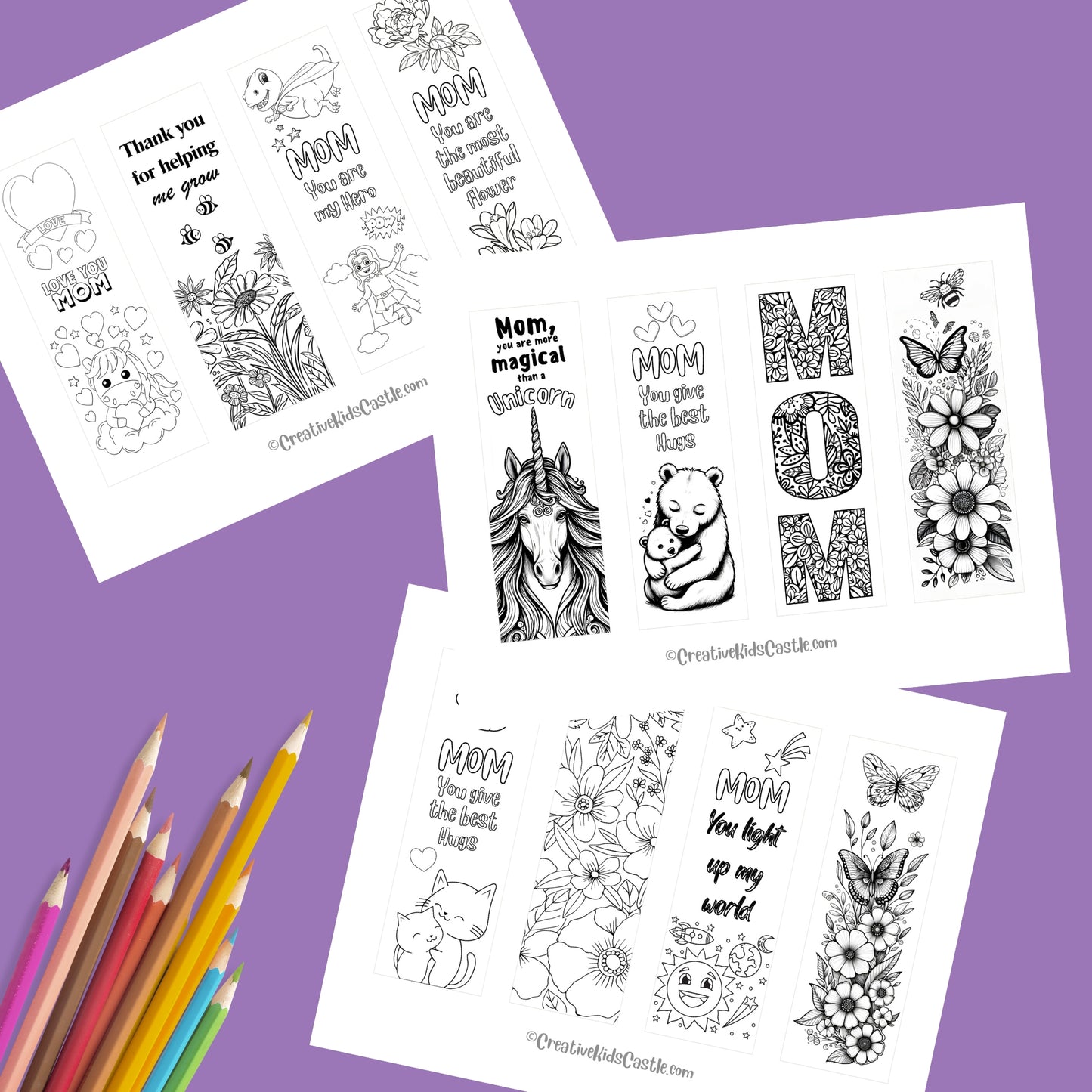 12 Printable Cute Mother's Day Coloring Bookmarks (3 PDF pages)