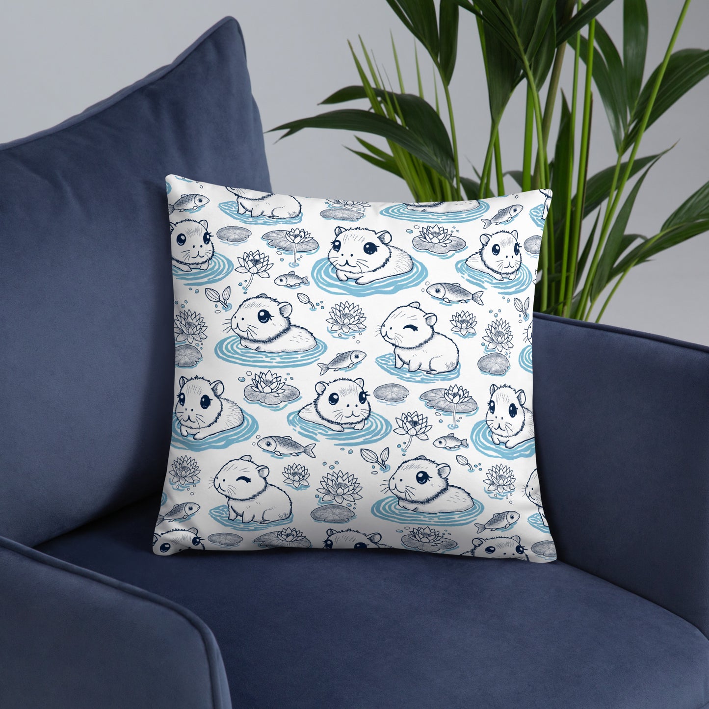 Capybaras in a Lily Pond Faux Suede Square Pillow Cover