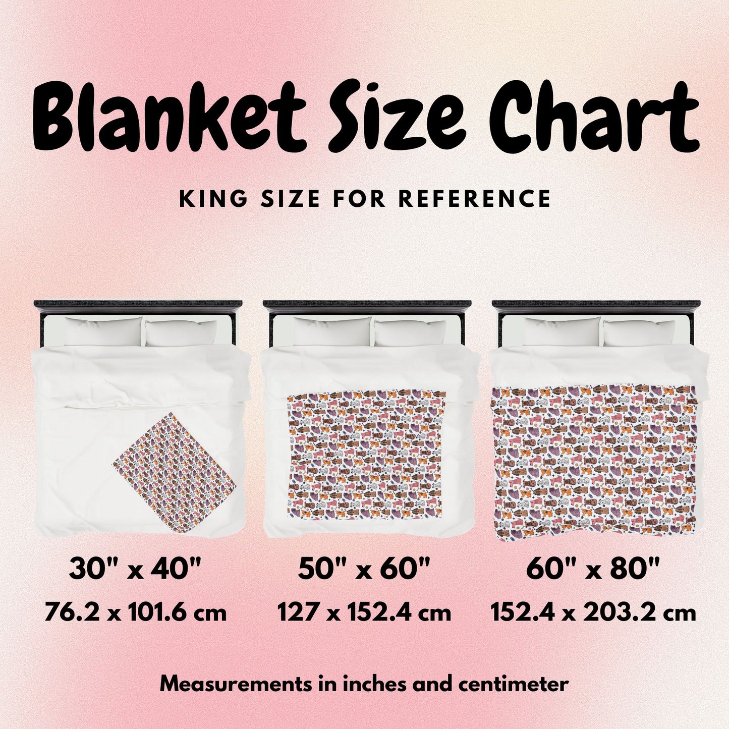 Whimsical Colored Dog Pals Cozy Plush Blanket size chart