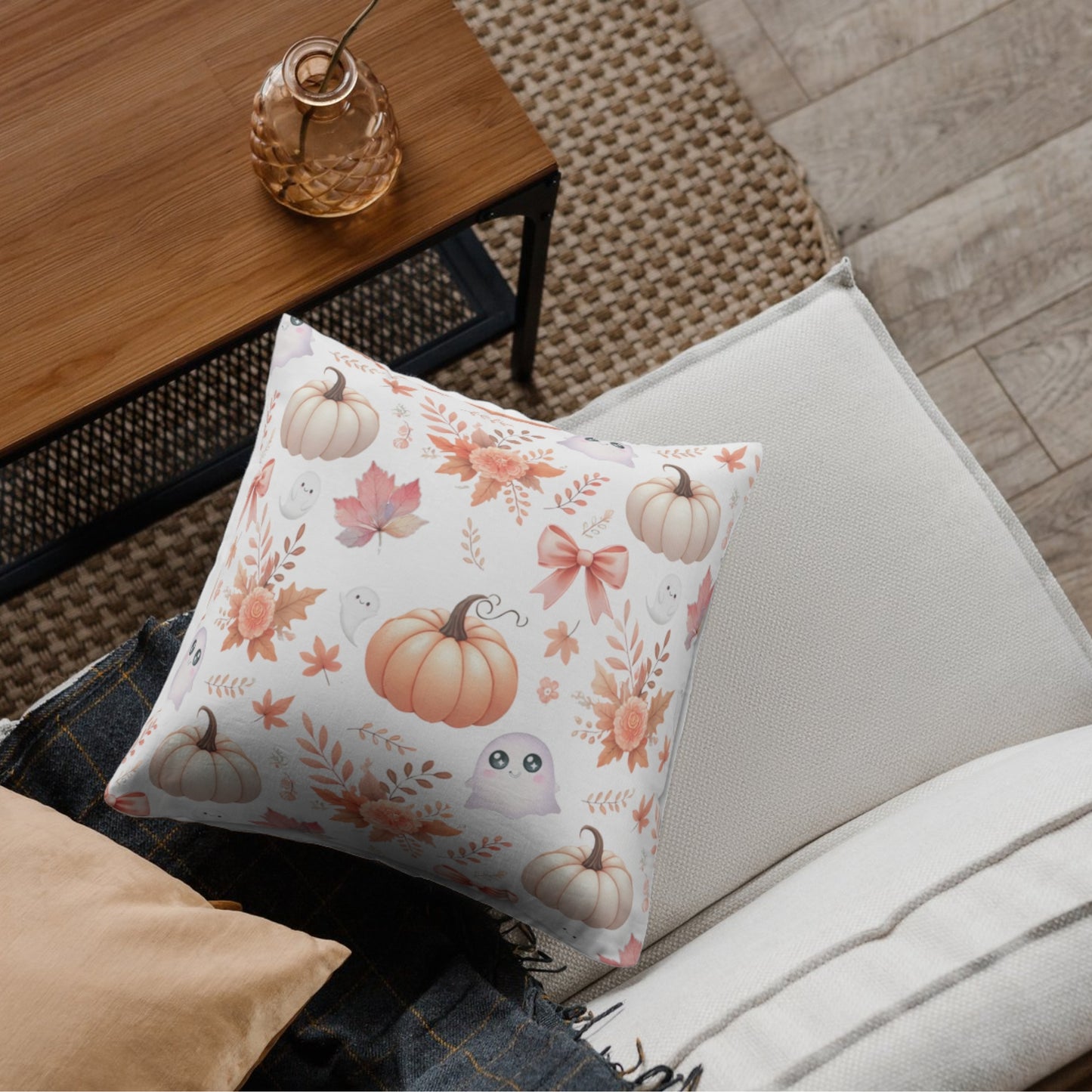 Coquette Pumpkin & Ghost Floral Pattern Faux Suede Square Pillow Cover