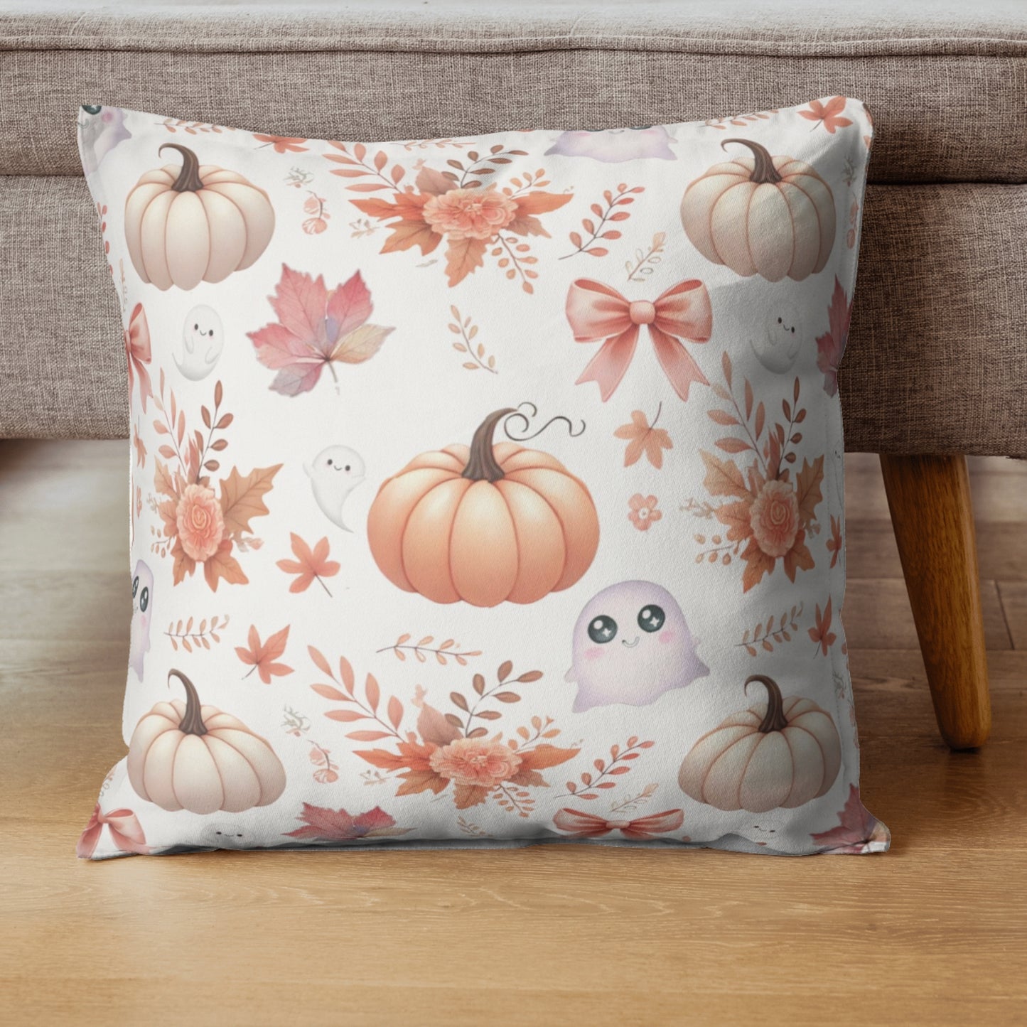Coquette Pumpkin & Ghost Floral Pattern Faux Suede Square Pillow Cover