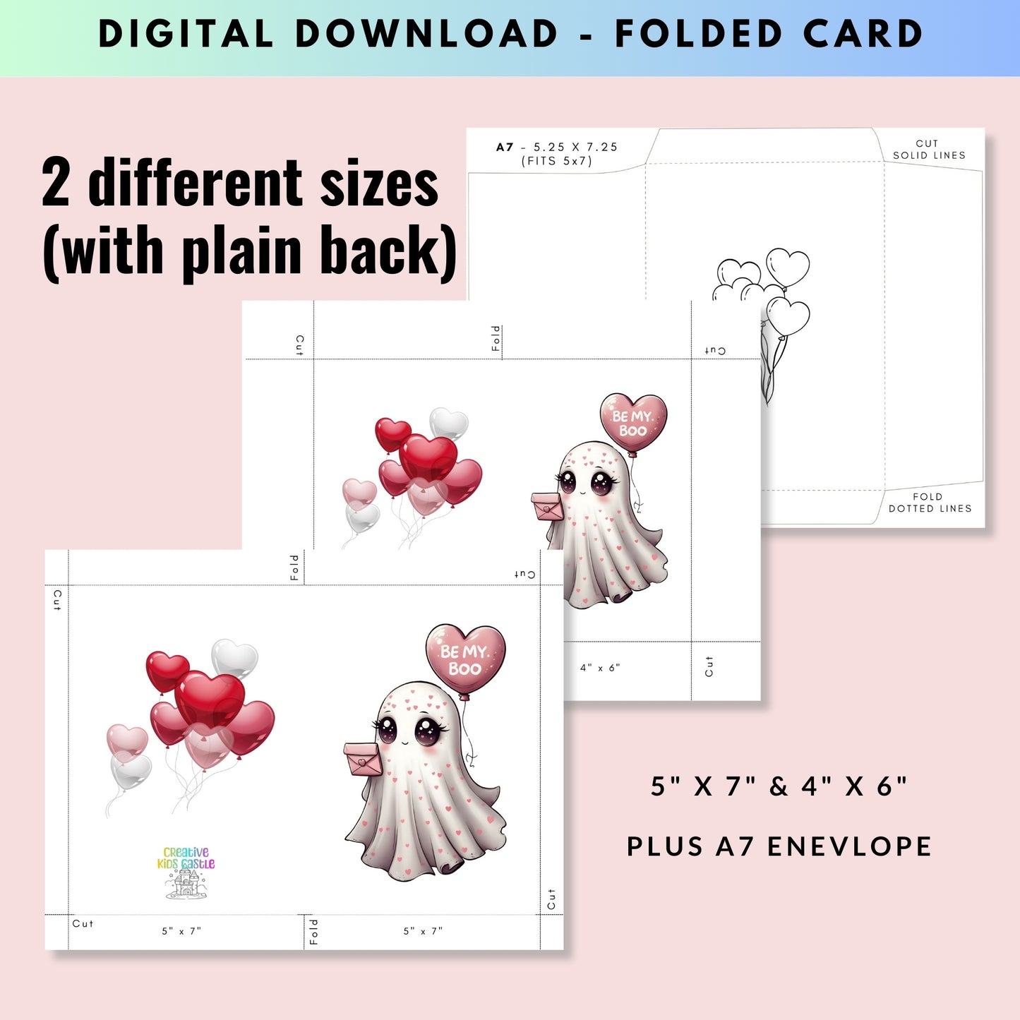 Cute Ghost "Be my Boo" Valentine's Day Folded Card - Digital Download - Print at Home