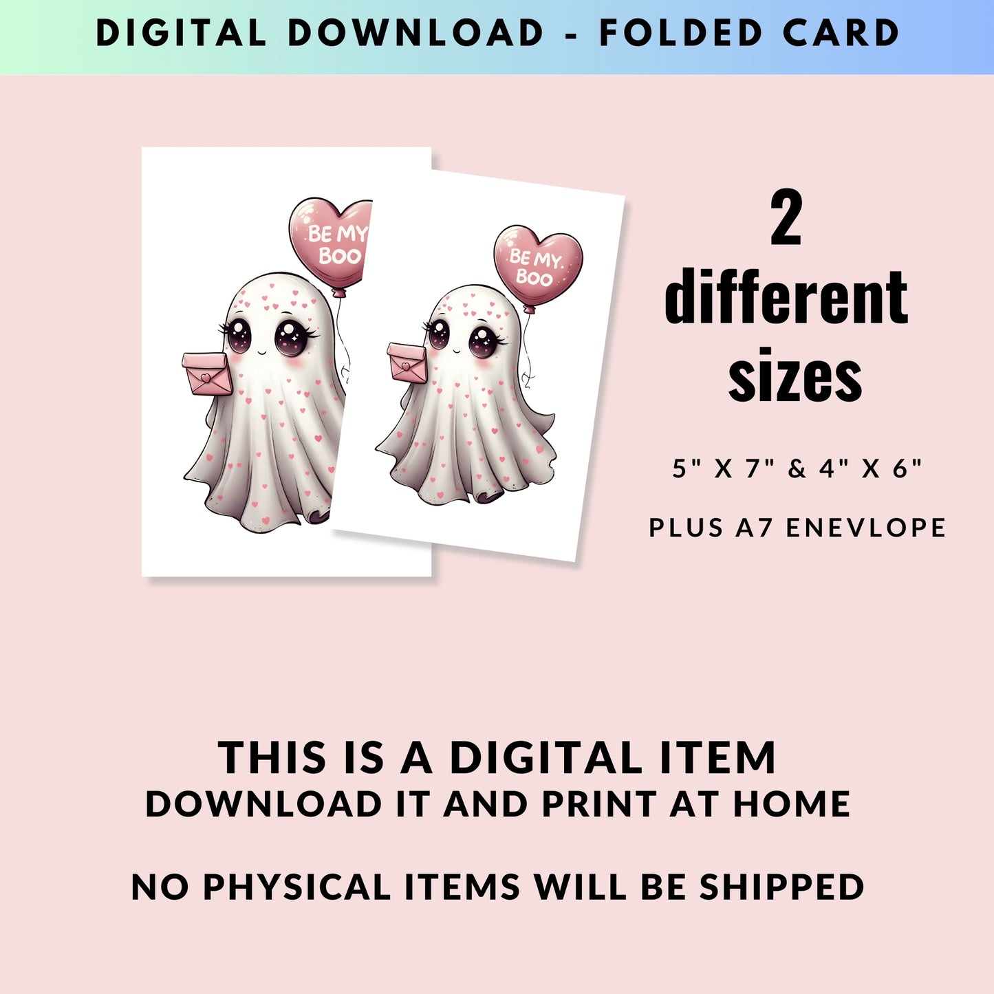 Cute Ghost "Be my Boo" Valentine's Day Folded Card - Digital Download - Print at Home