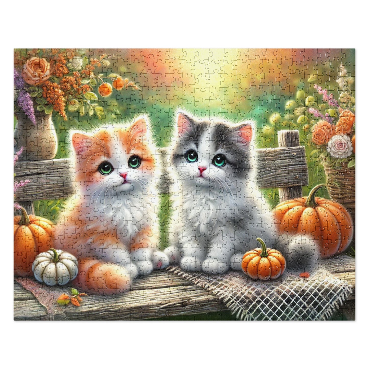 Cute Kittens on Fall Bench Halloween Autumn Puzzle (120, 252, 500-Pieces)