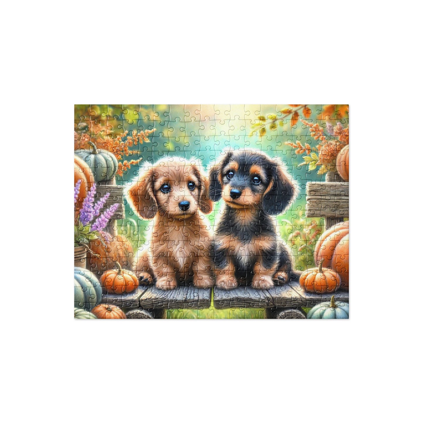 Dachshund Puppy Wiener Dogs on Fall Bench Halloween Puzzle (120, 252, 500-Pieces)