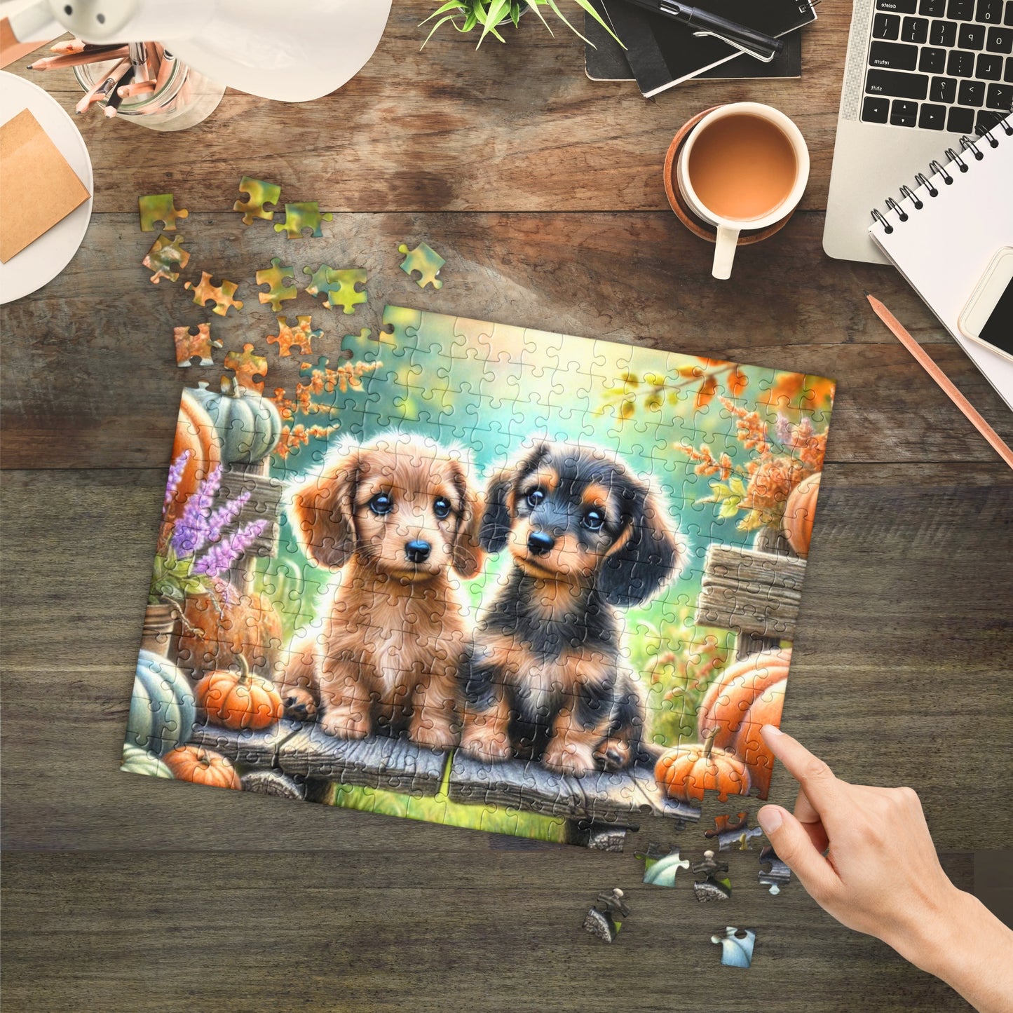 Dachshund Puppy Wiener Dogs on Fall Bench Halloween Puzzle (120, 252, 500-Pieces)