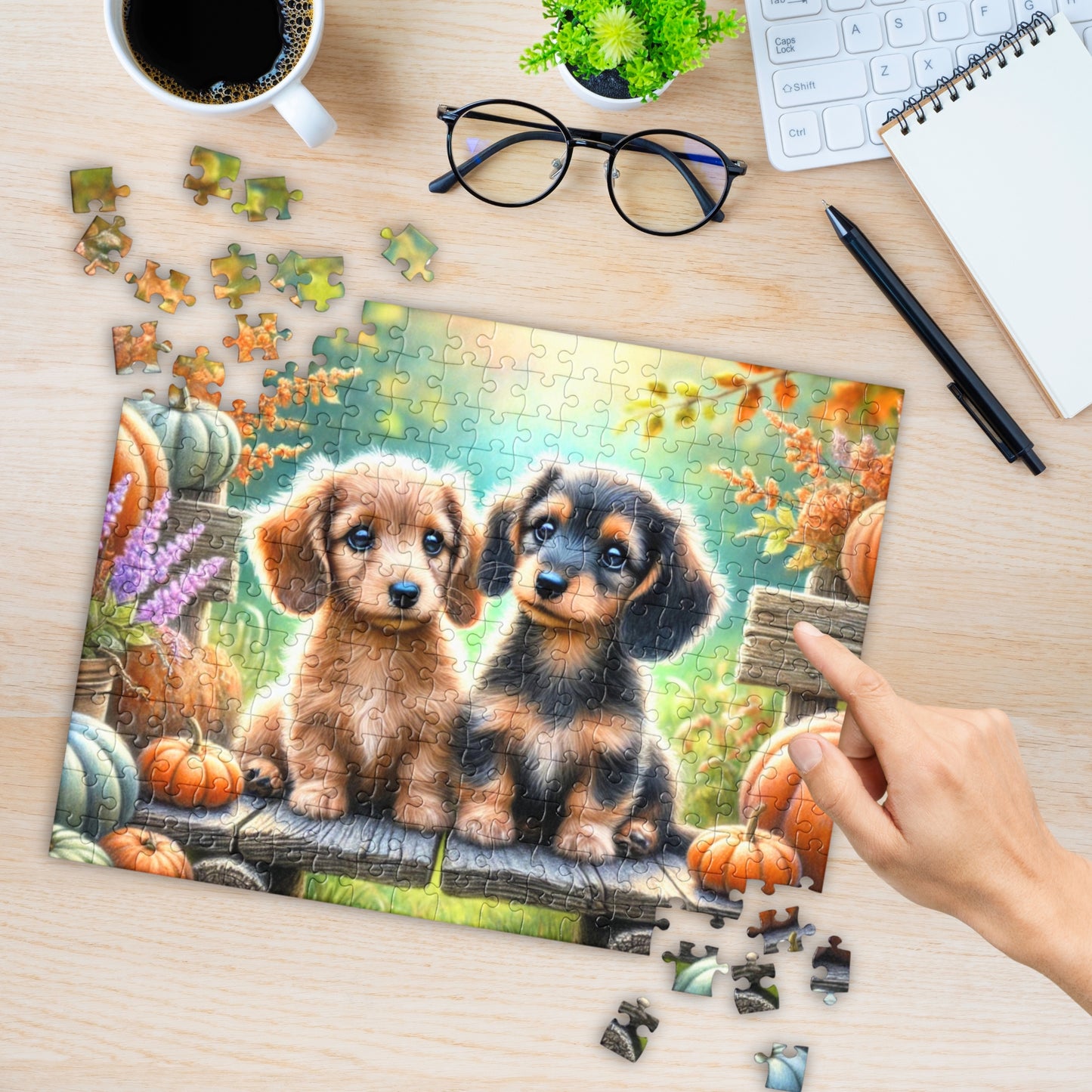 Dachshund Puppy Wiener Dogs on Fall Bench Halloween Puzzle (120, 252, 500-Pieces)