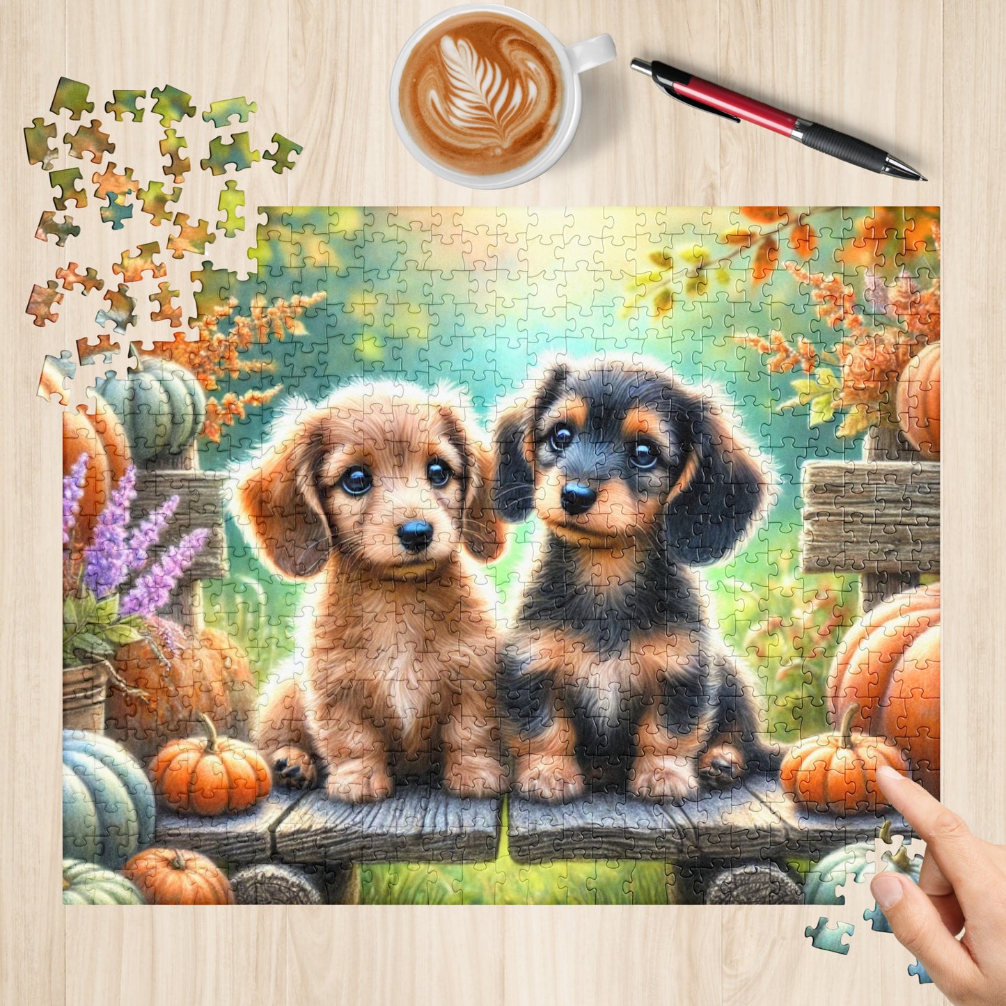 Dachshund Puppy Wiener Dogs on Fall Bench Halloween Puzzle (120, 252, 500-Pieces)