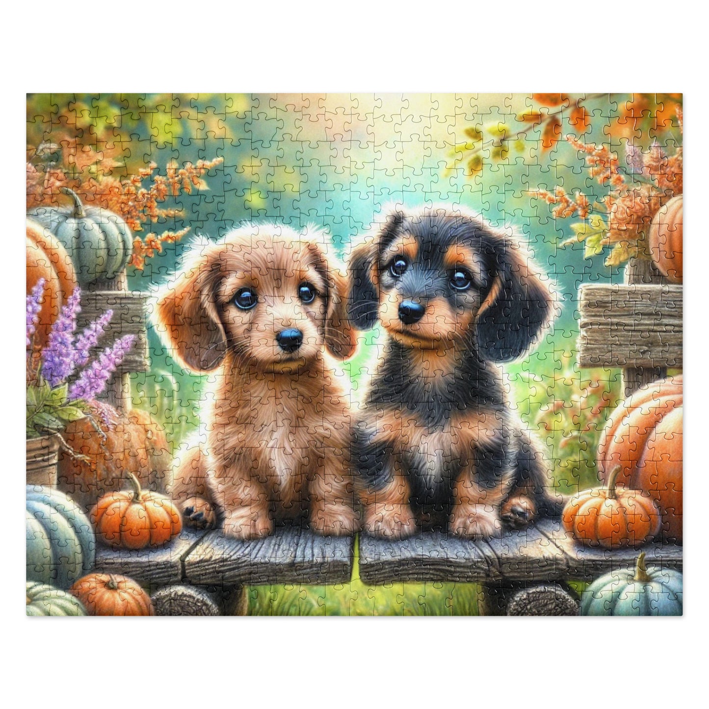 Dachshund Puppy Wiener Dogs on Fall Bench Halloween Puzzle (120, 252, 500-Pieces)