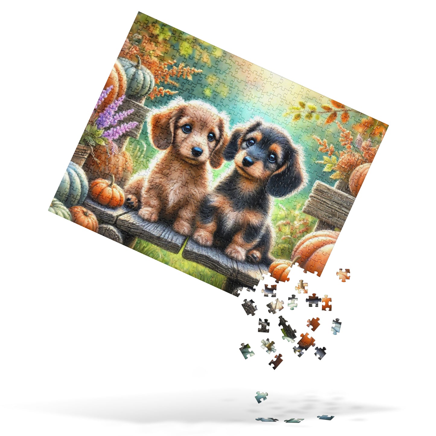 Dachshund Puppy Wiener Dogs on Fall Bench Halloween Puzzle (120, 252, 500-Pieces)