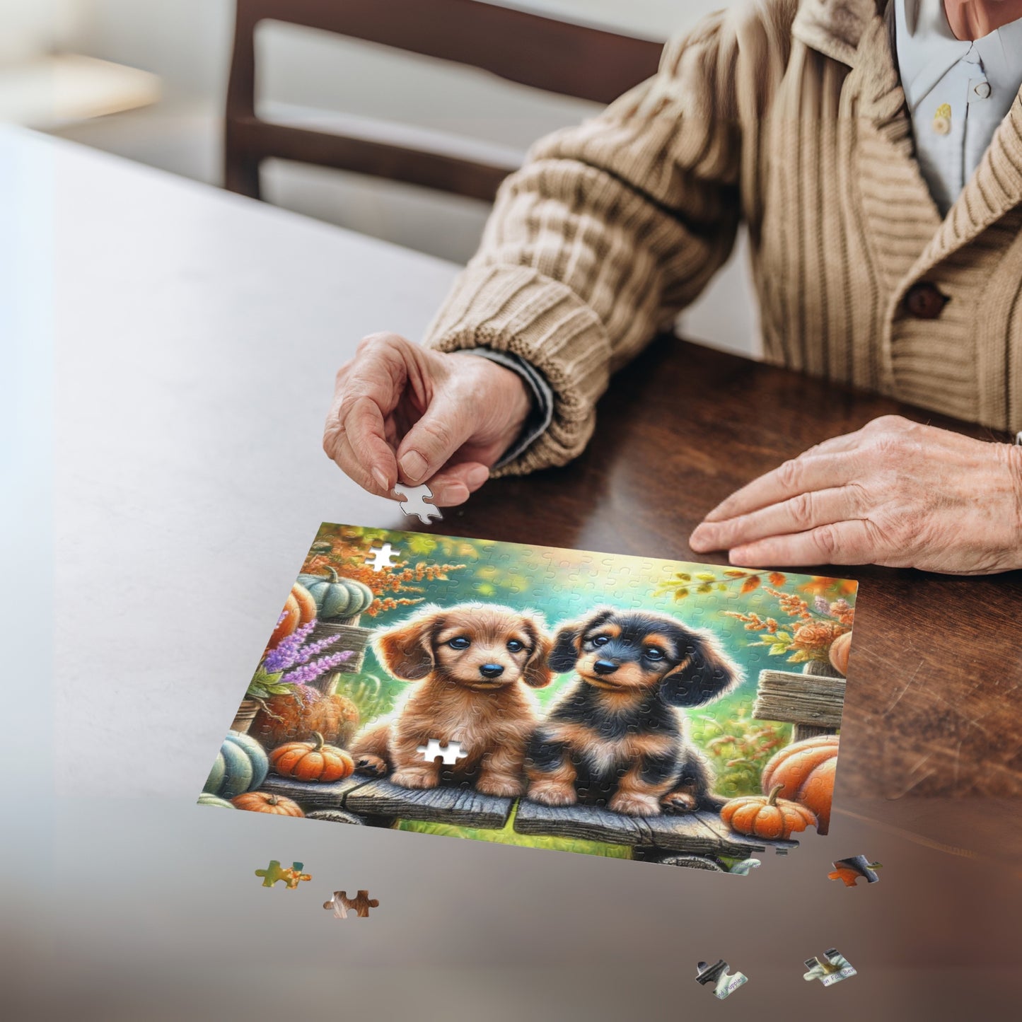 Dachshund Puppy Wiener Dogs on Fall Bench Halloween Puzzle (120, 252, 500-Pieces)