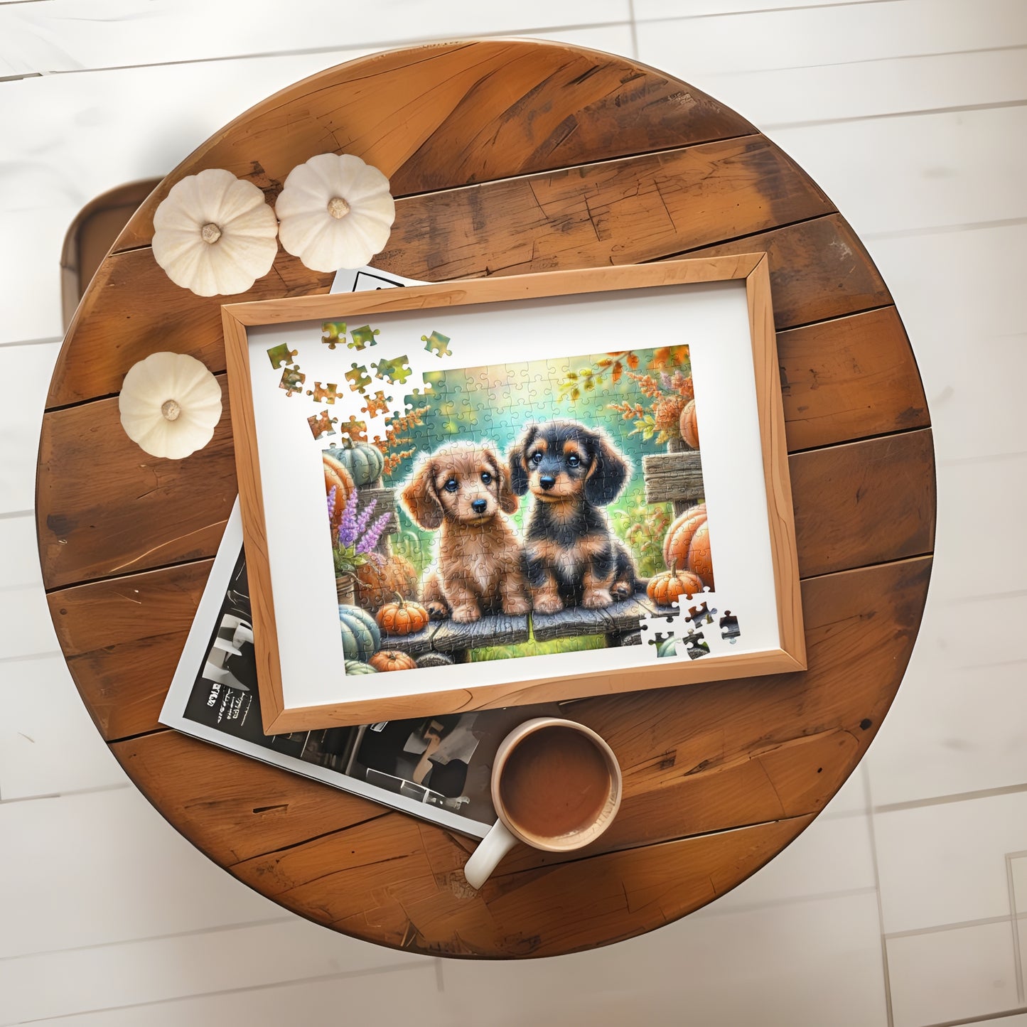 Dachshund Puppy Wiener Dogs on Fall Bench Halloween Puzzle (120, 252, 500-Pieces)